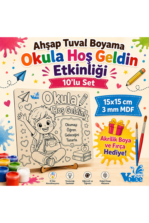 MES Akademi Yapay Zeka Eğitim Seti Hediyeli Ahşap MDF Tuval Boyama Seti Okula Hoş Geldin Etkinliği Akrilik Boyama 10'lu Set