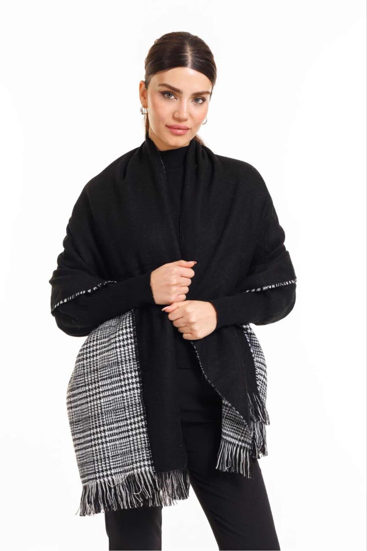 4 Mevsimlik Çift Taraflı Ekoseli Yünlü Omuz Şalı - 70x190cm - Kışlık Şal (Tek Ebat)
