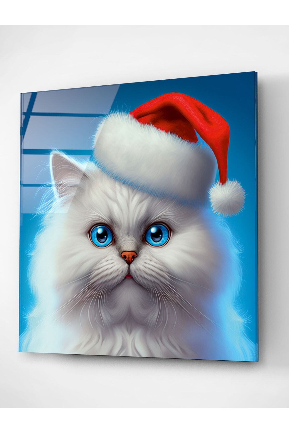 Noel Şapkalı Kedi Cam Tablo, Dekoratif Cam Tablo