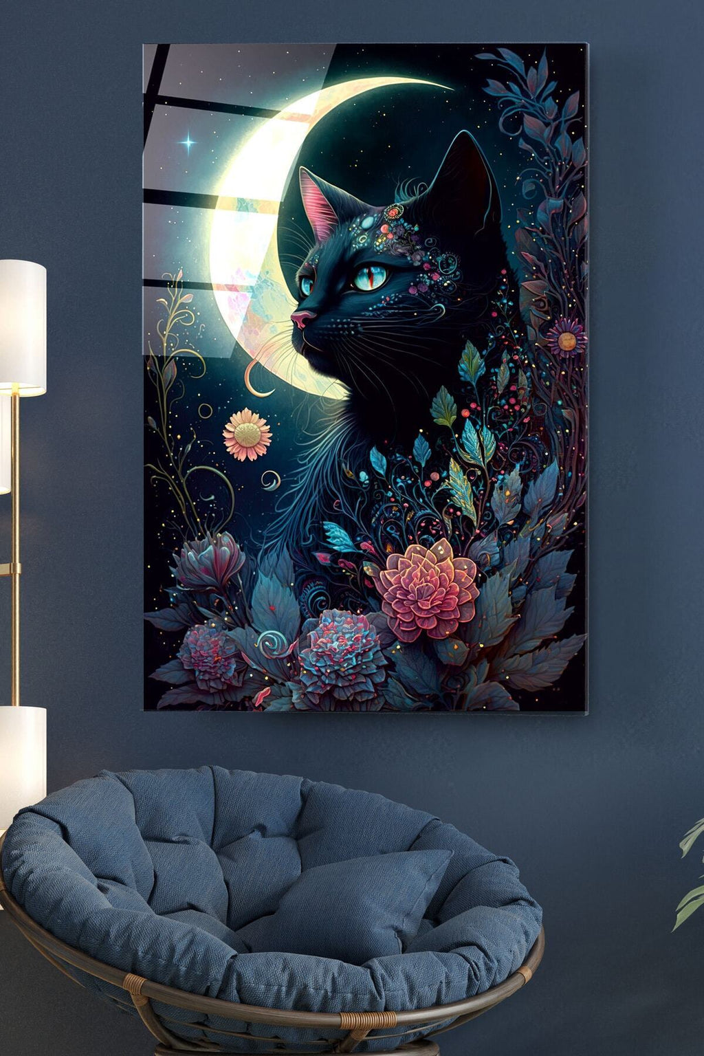 Moon And Cat Cam Tablo, Dekoratif Cam Tablo