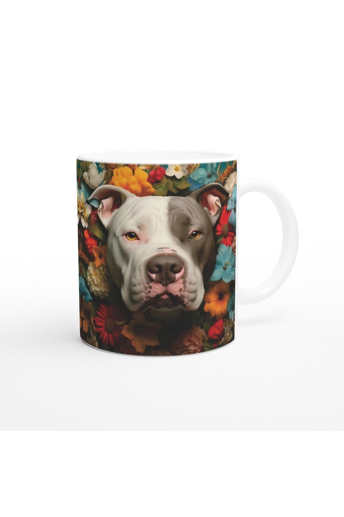 Çiçeklerle Çevrili Sevecen Pitbull Baskılı Kupa Bardak