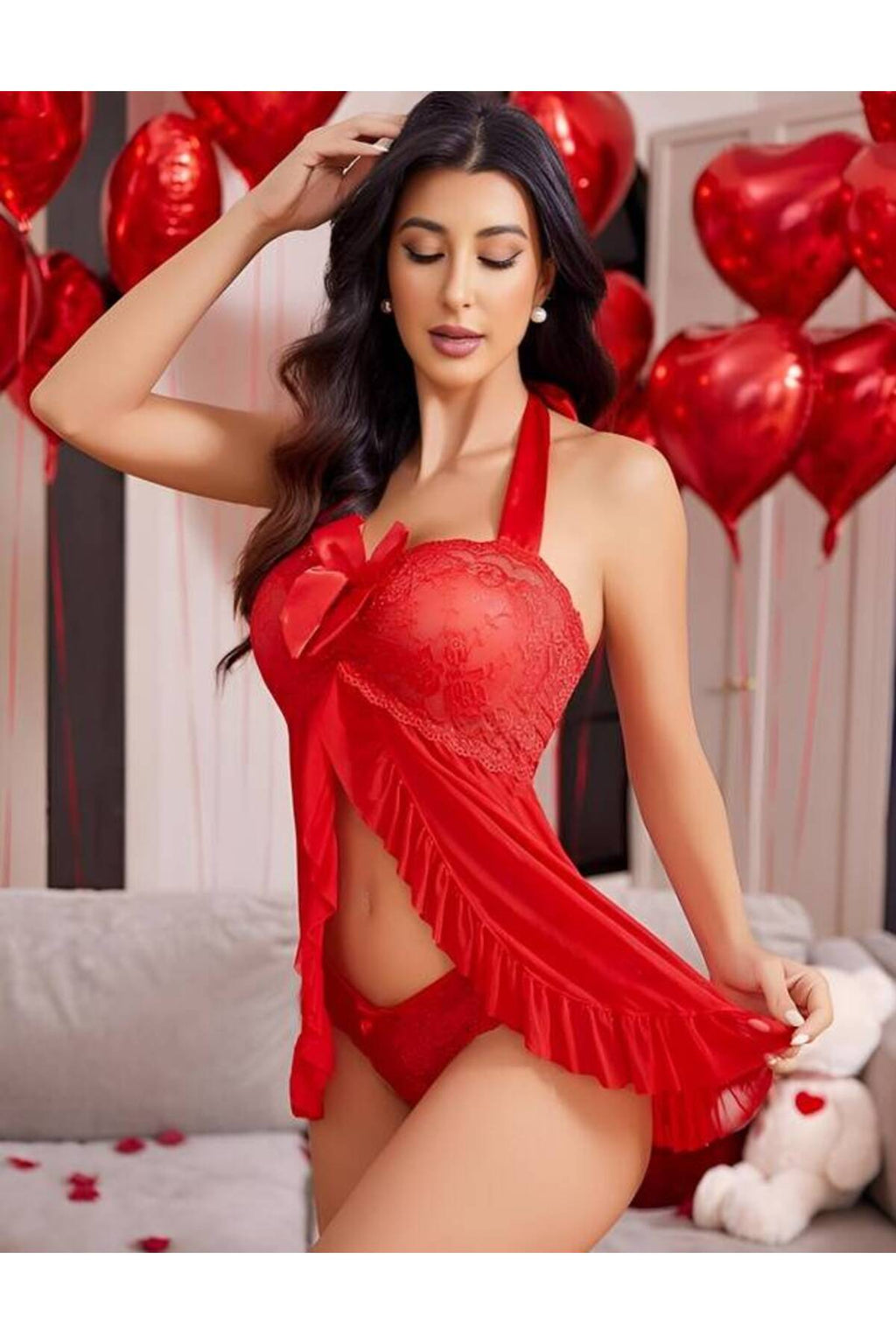 Kırmızı Fantezi Babydoll Dantel Detaylı Kadın İç Giyim