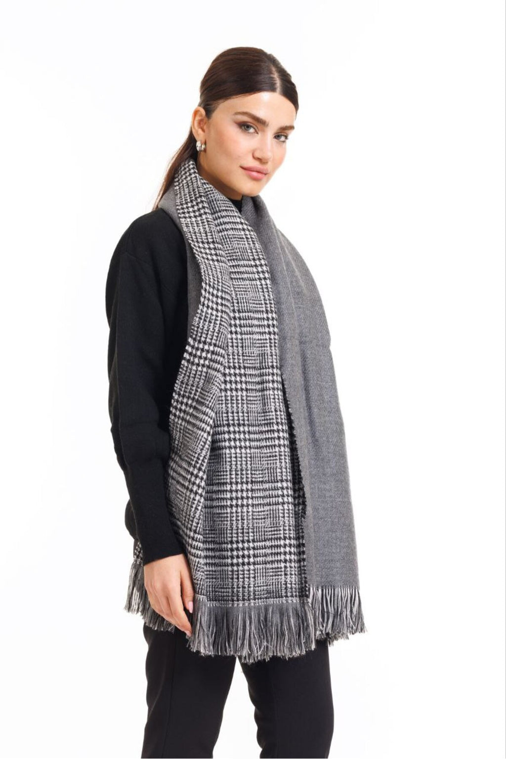 Çift Taraflı Ekoseli Yünlü Omuz Şalı - 70x190cm - Kışlık Şal (Tek Ebat)