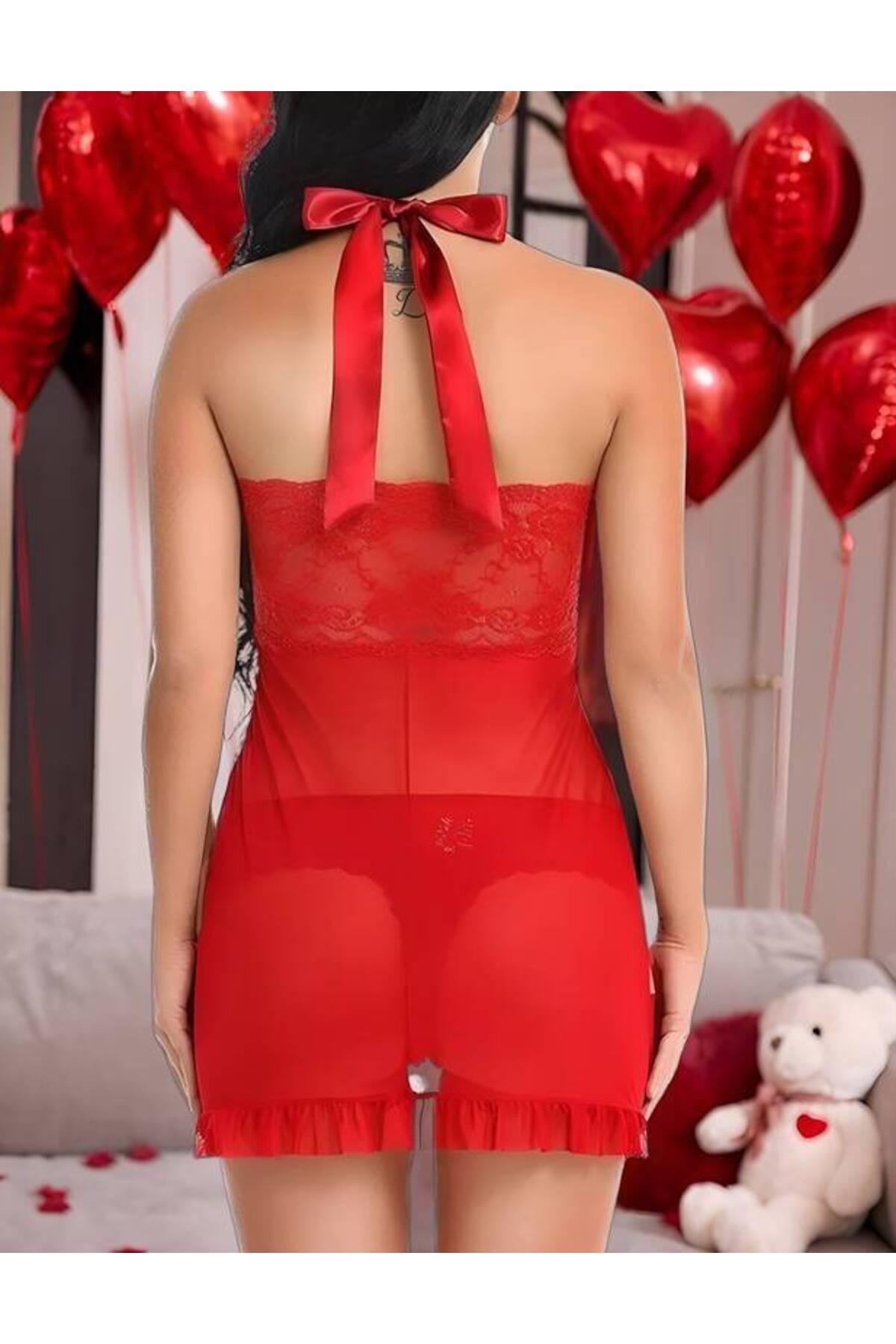 Kırmızı Fantezi Babydoll Dantel Detaylı Kadın İç Giyim