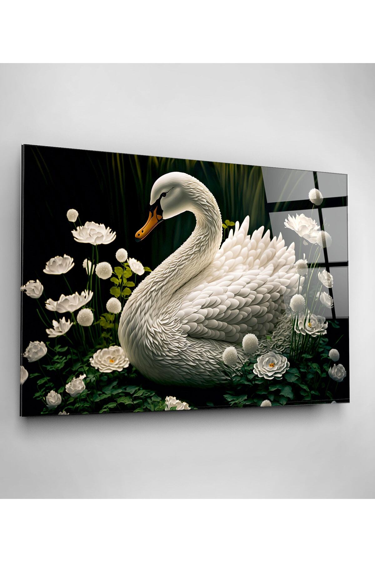 Beyaz Kuğu Cam Tablo, Dekoratif Tablo (50 x 70)