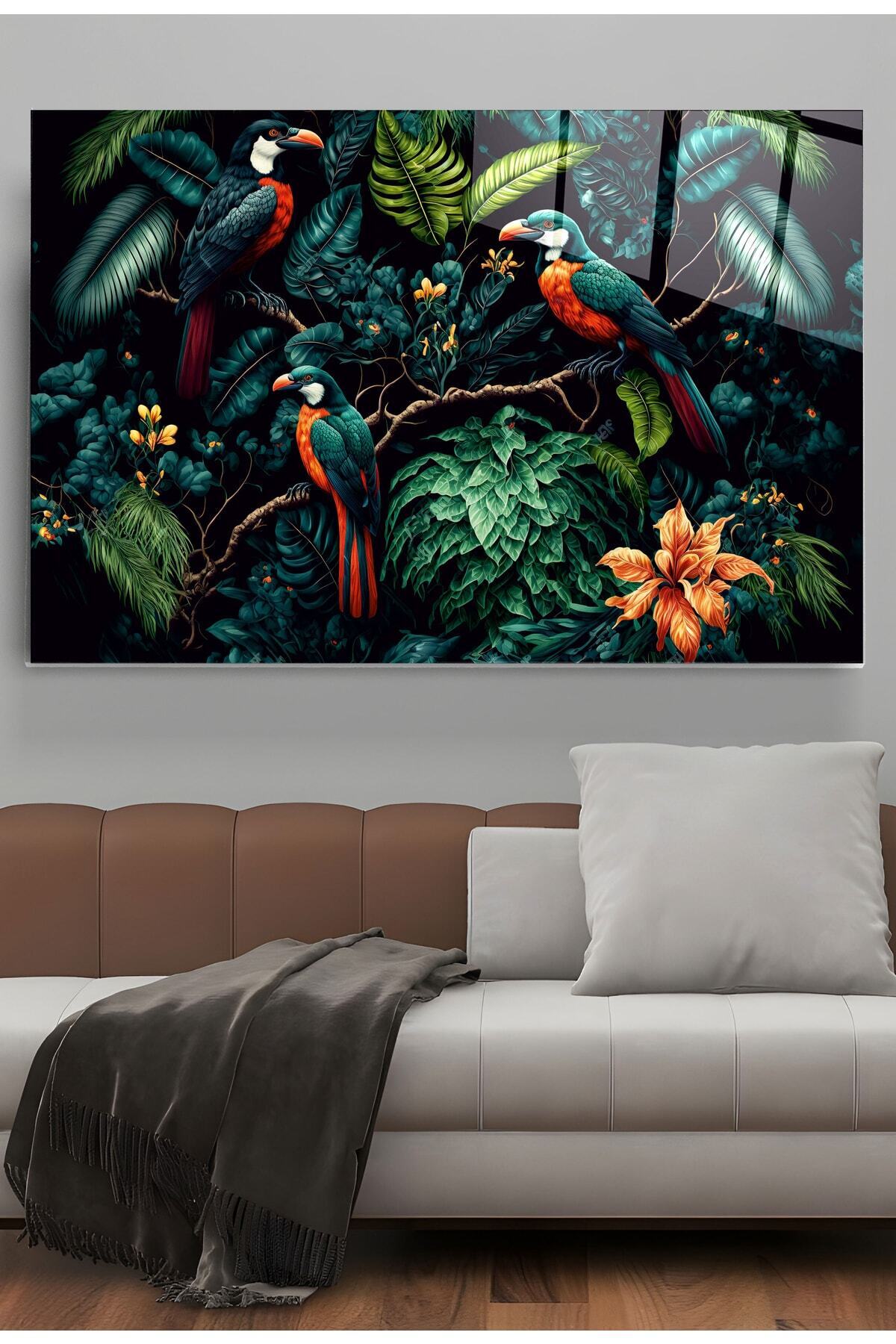 Green Birds Cam Tablo, Dekoratif Cam Tablo (60 x 90)