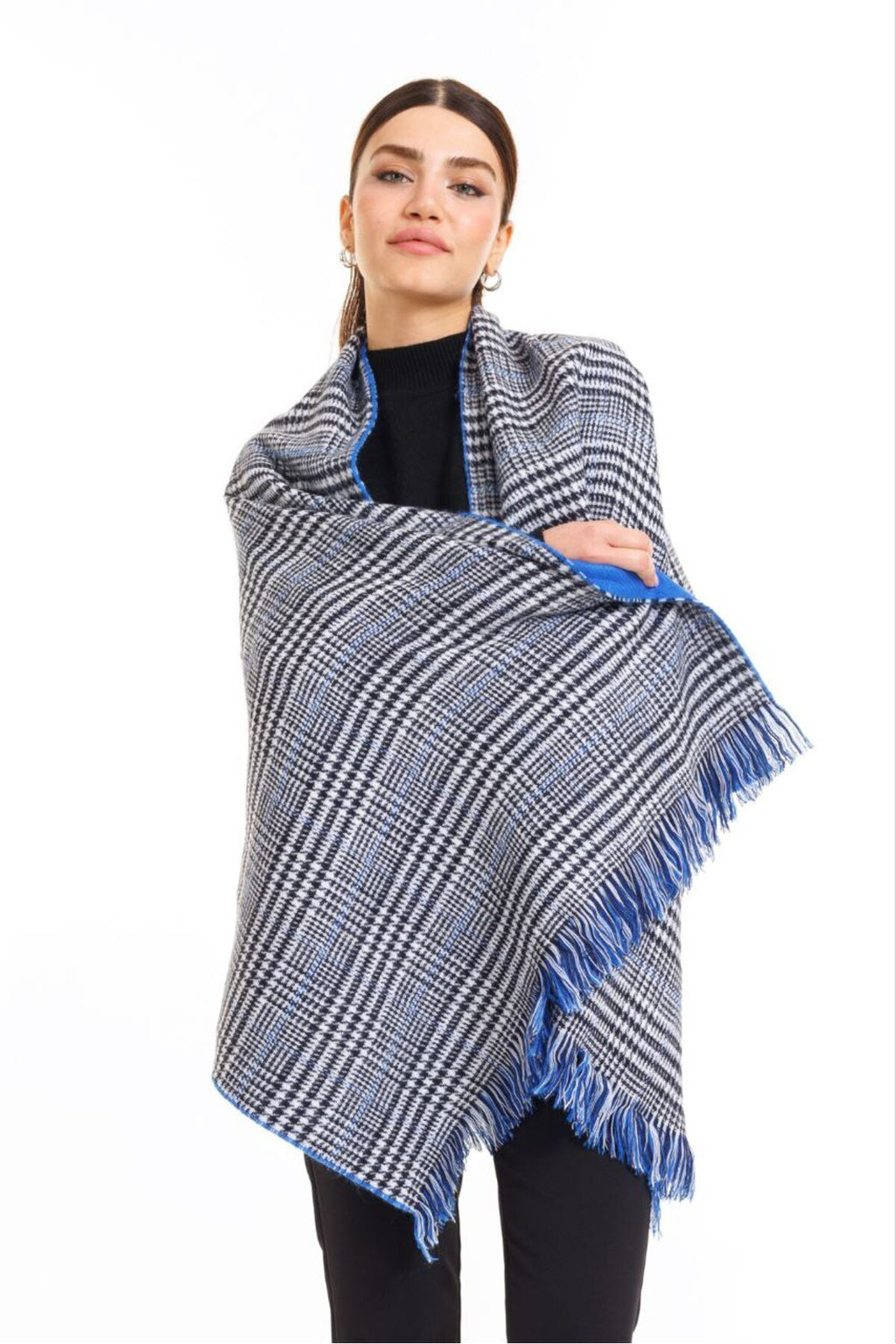 Çift Taraflı Ekoseli Yünlü Omuz Şalı - 70x190cm - Kışlık Şal (Tek Ebat)