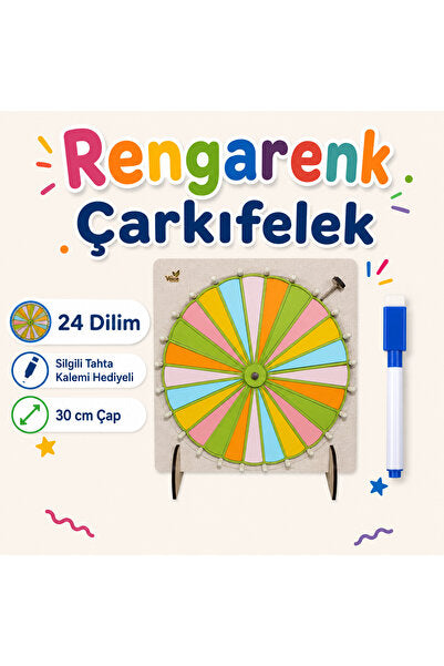 24 Dilim Renkli Çarkıfelek Ahşap Eğitim Çarkı - Ana Görsel