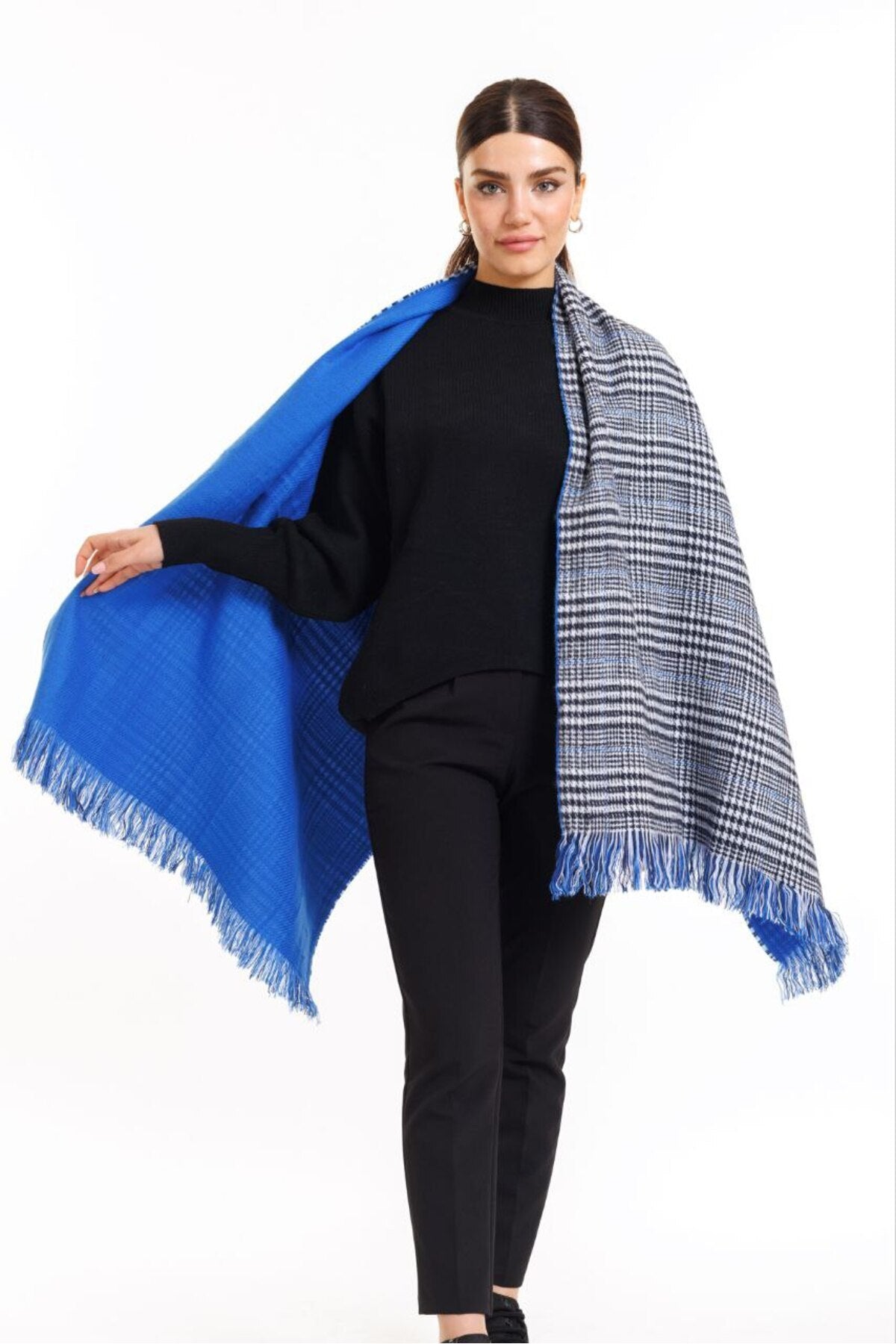Çift Taraflı Ekoseli Yünlü Omuz Şalı - 70x190cm - Kışlık Şal (Tek Ebat)