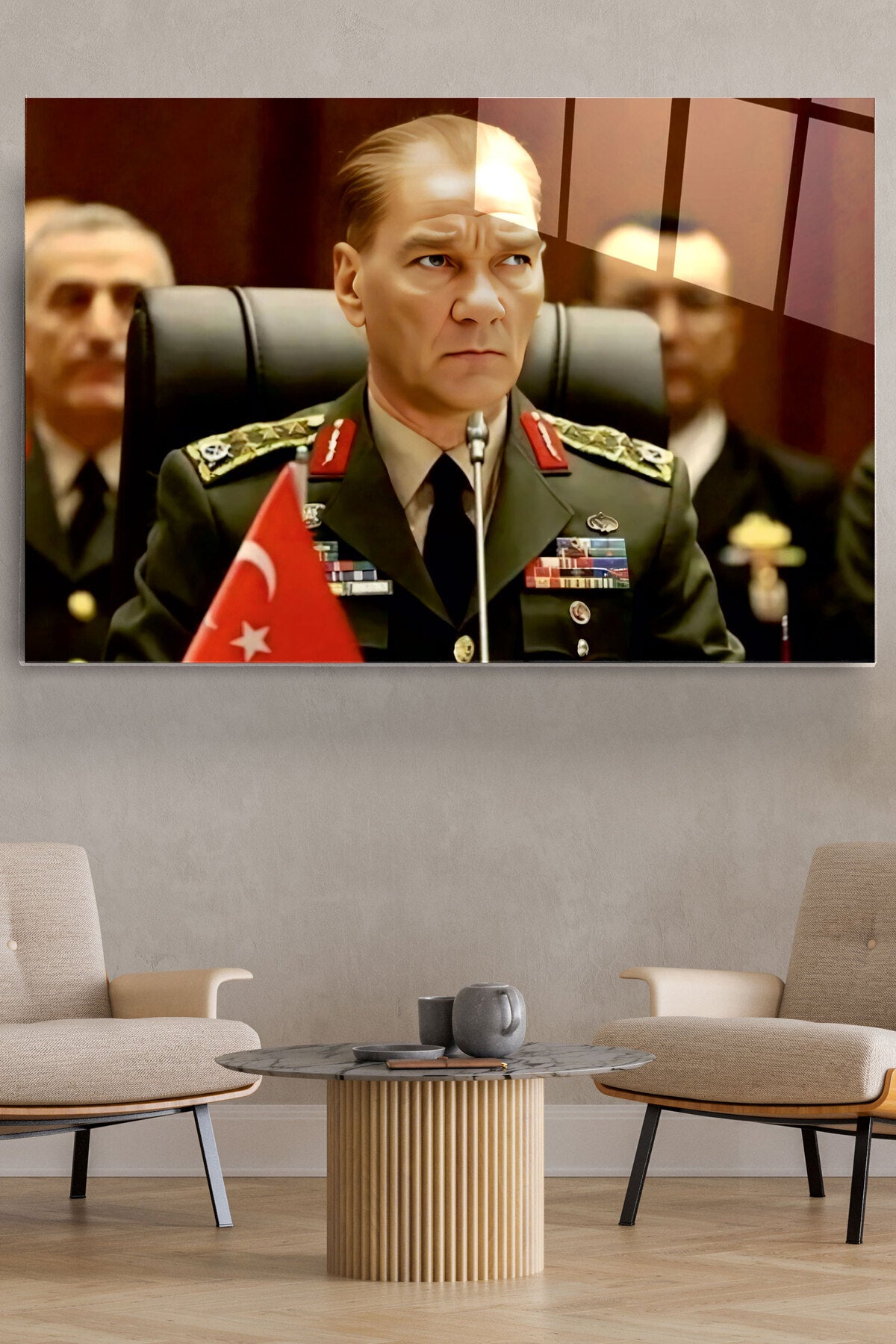 Atatürk Portresi - Yapay Zeka Tasarımlı Cam Tablo, Dekoratif Cam Tablo (70 x 105)