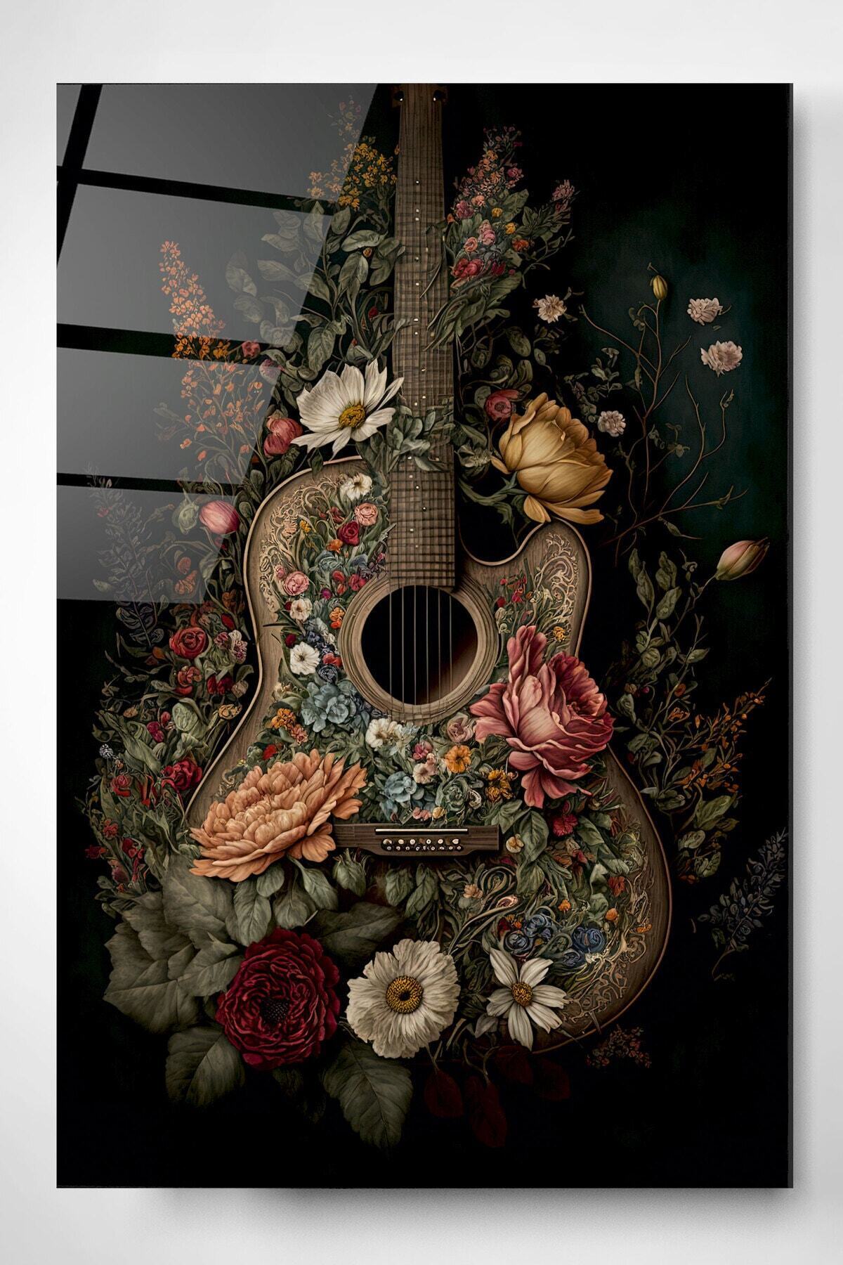 Çiçekli Gitar Cam Tablo, Dekoratif Cam Tablo