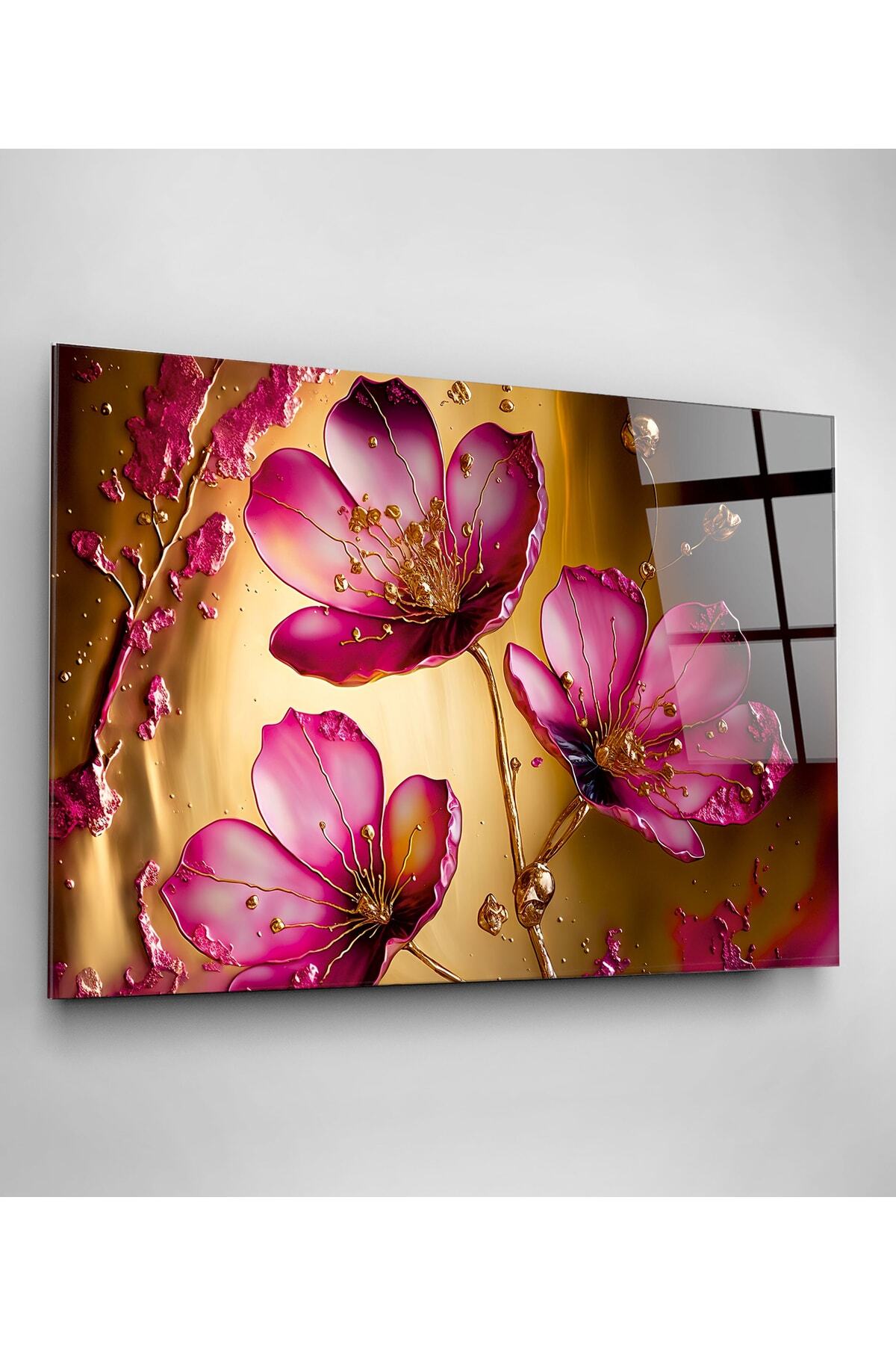 Pink Flowers Cam Tablo, Dekoratif Cam Tablo (50 x 70)