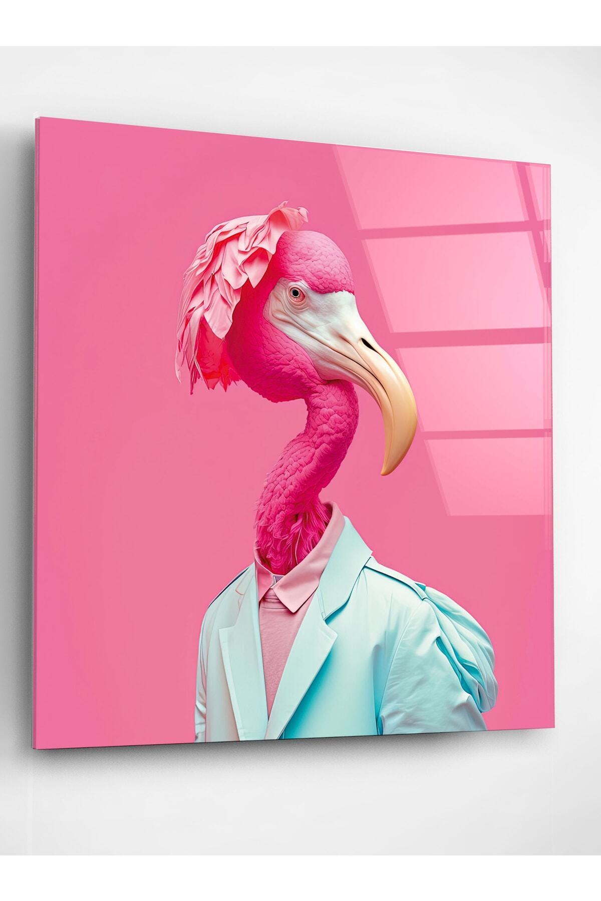 Flamingo Portre Cam Tablo, Dekoratif Cam Tablo (70 x 70)