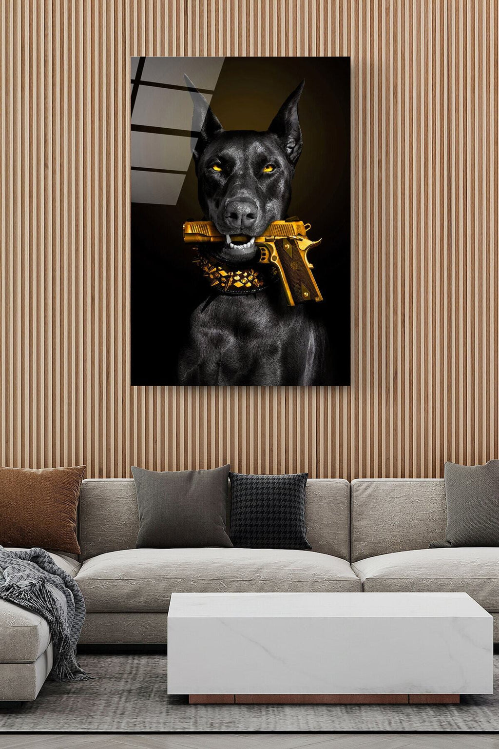 Doberman Gold Cam Tablo, Dekoratif Cam Tablo