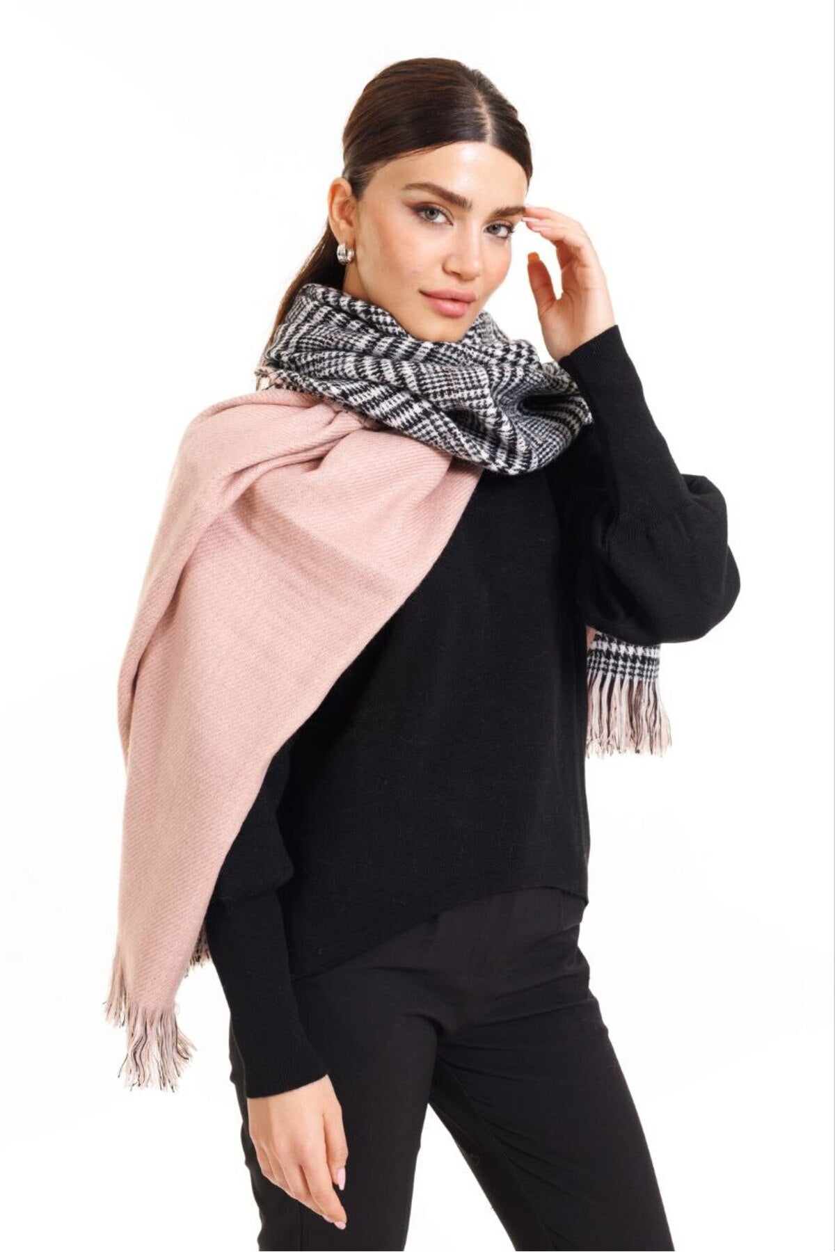 Çift Taraflı Ekoseli Yünlü Omuz Şalı - 70x190cm - Kışlık Şal (Tek Ebat)