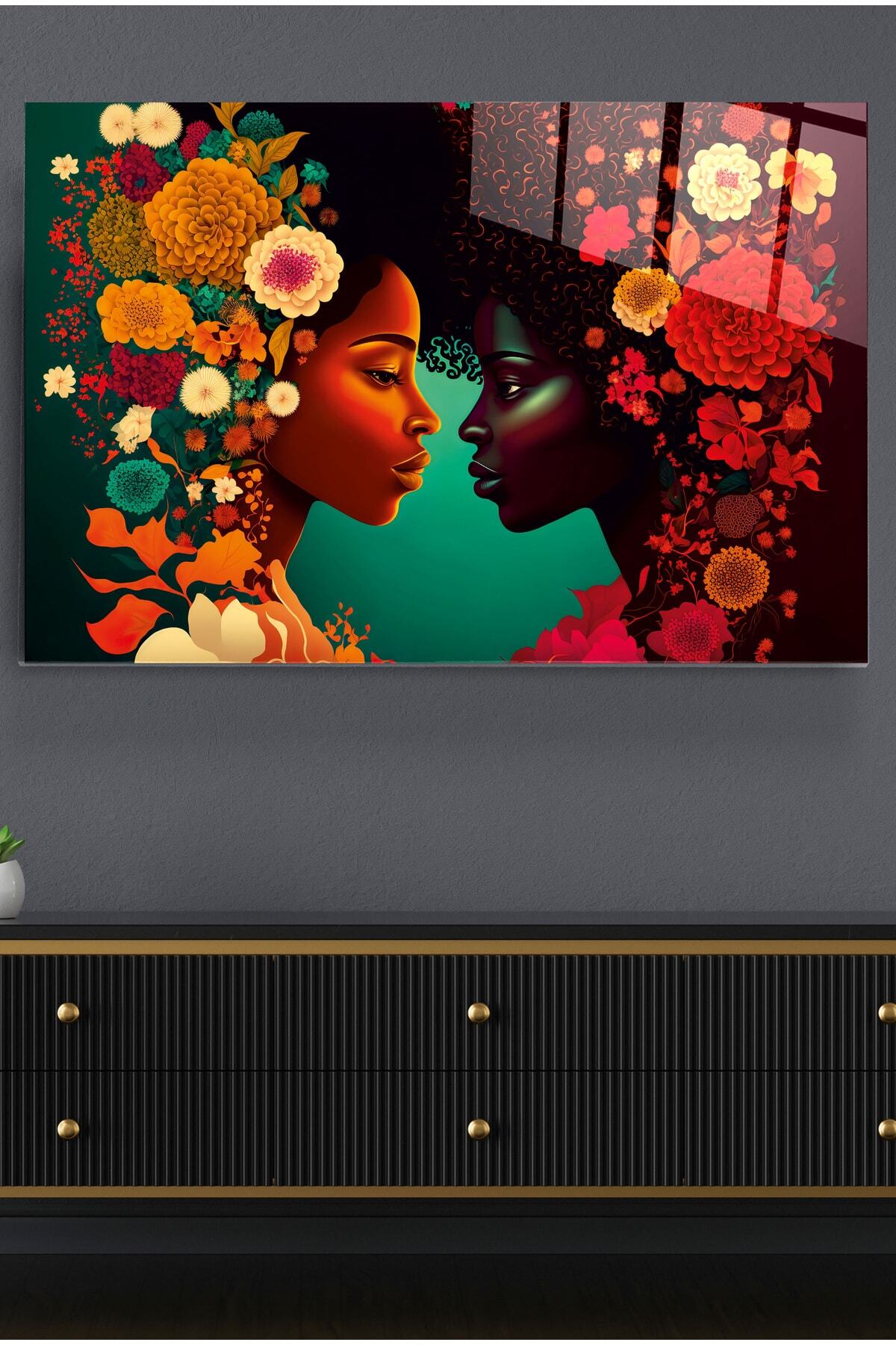 Woman Flower Cam Tablo, Dekoratif Cam Tablo