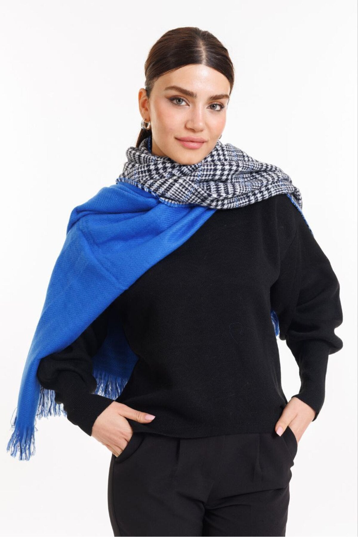 Çift Taraflı Ekoseli Yünlü Omuz Şalı - 70x190cm - Kışlık Şal (Tek Ebat)