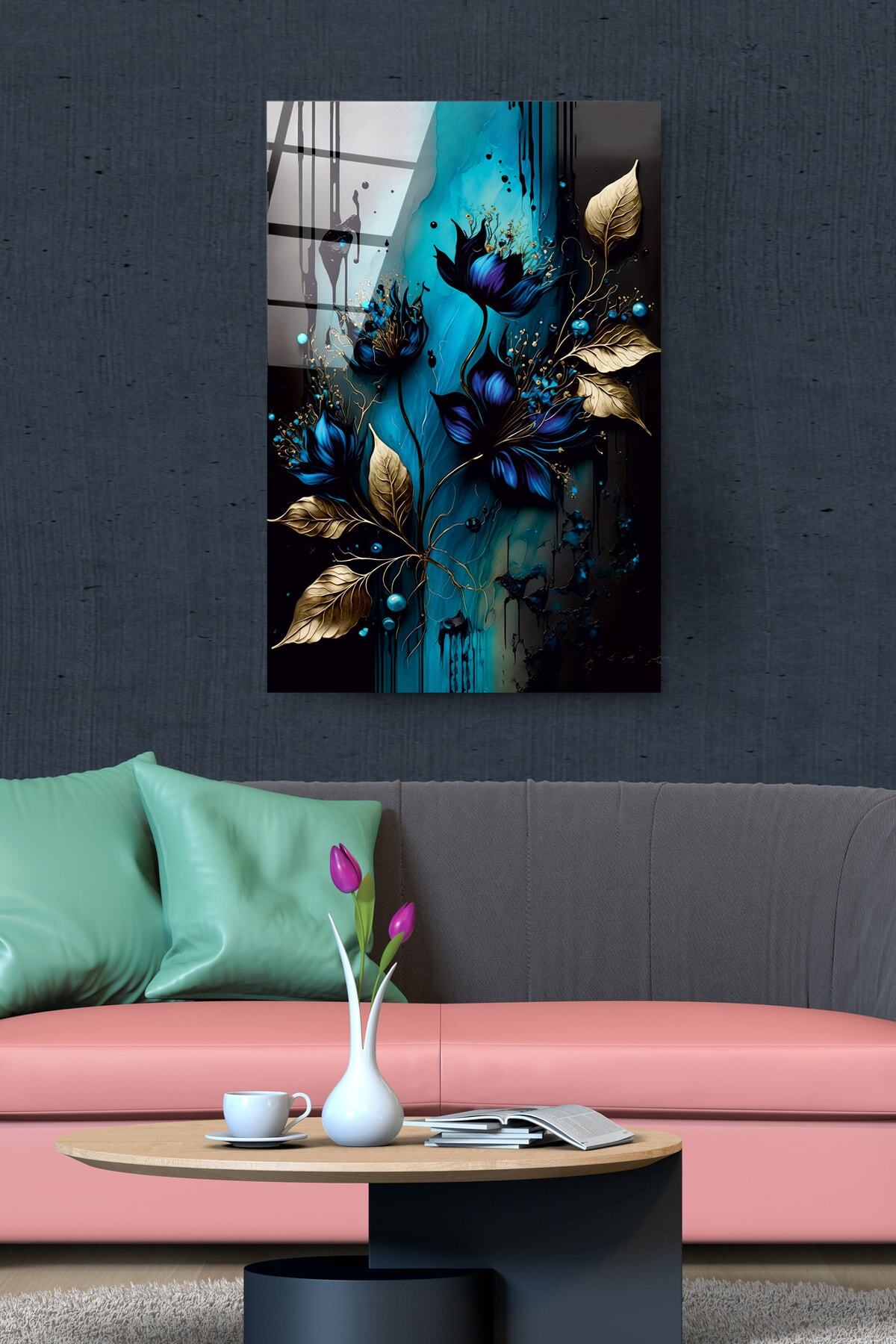Abstract Flowers Cam Tablo, Dekoratif Cam Tablo