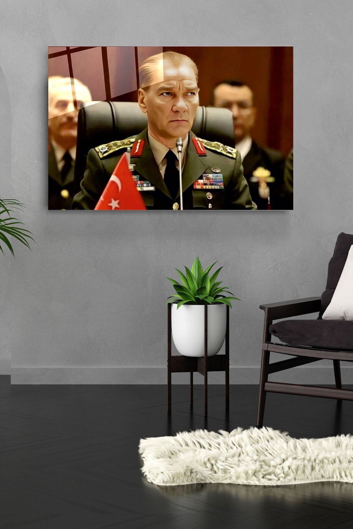 Atatürk Portresi - Yapay Zeka Tasarımlı Cam Tablo, Dekoratif Cam Tablo (50 x 70)