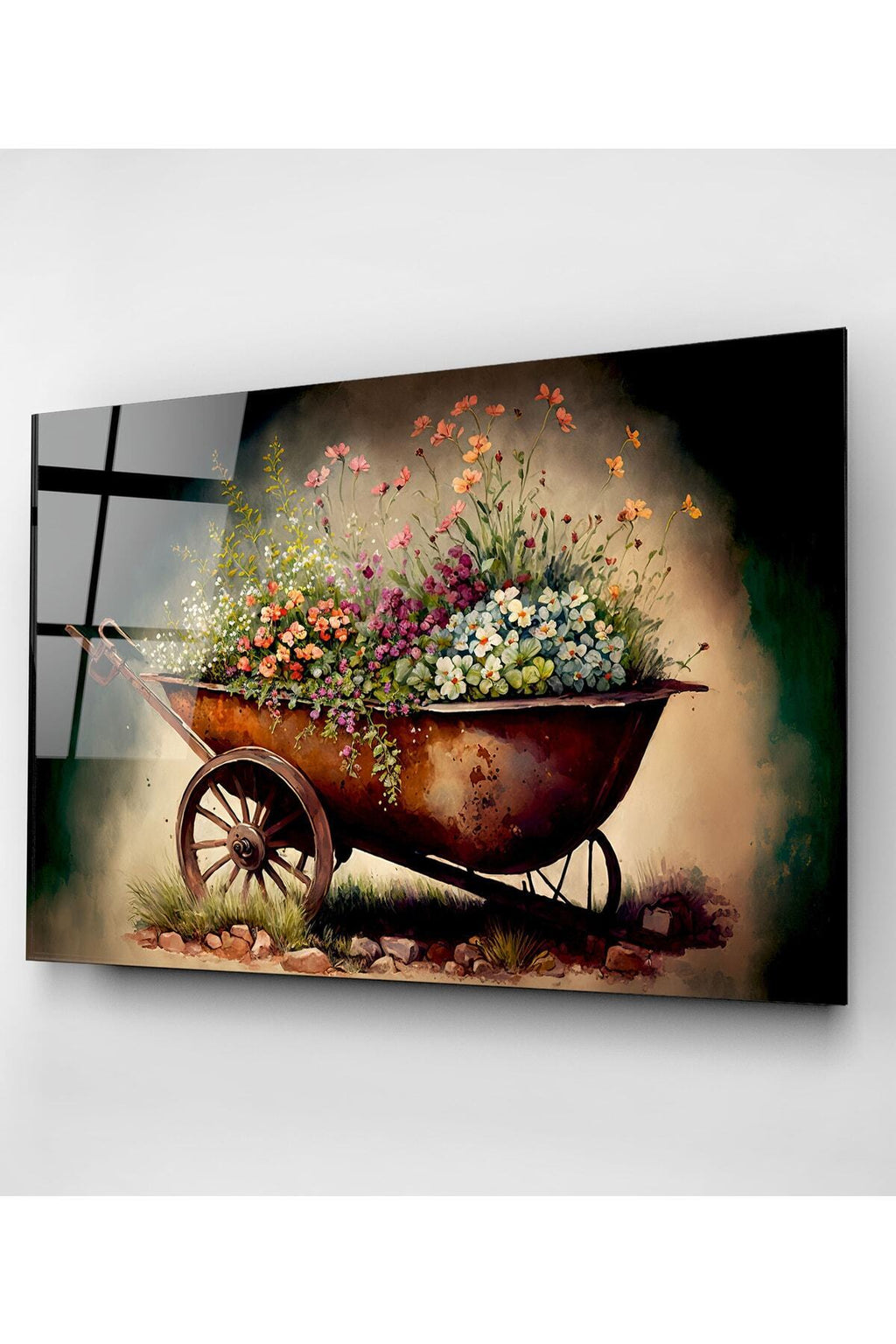 Çiçekli El Arabası Cam Tablo, Dekoratif Cam Tablo (50 x 70)