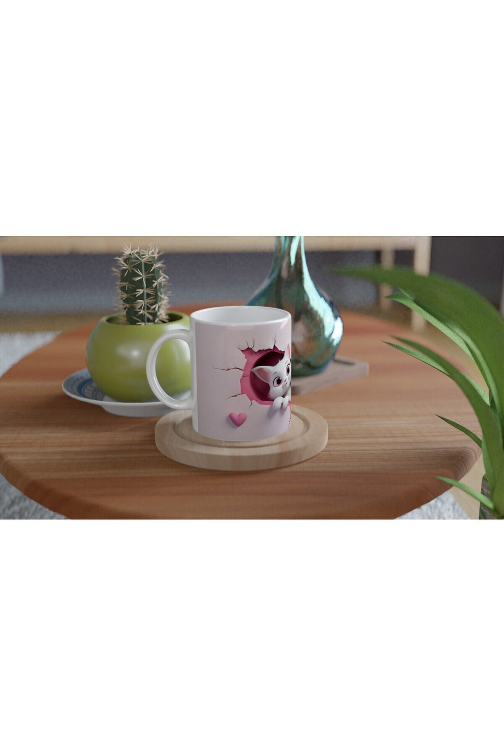 Pembe Çatlak Duvarın İçinden Bakan Neşeli Kediler Temalı Baskılı Kupa Bardak