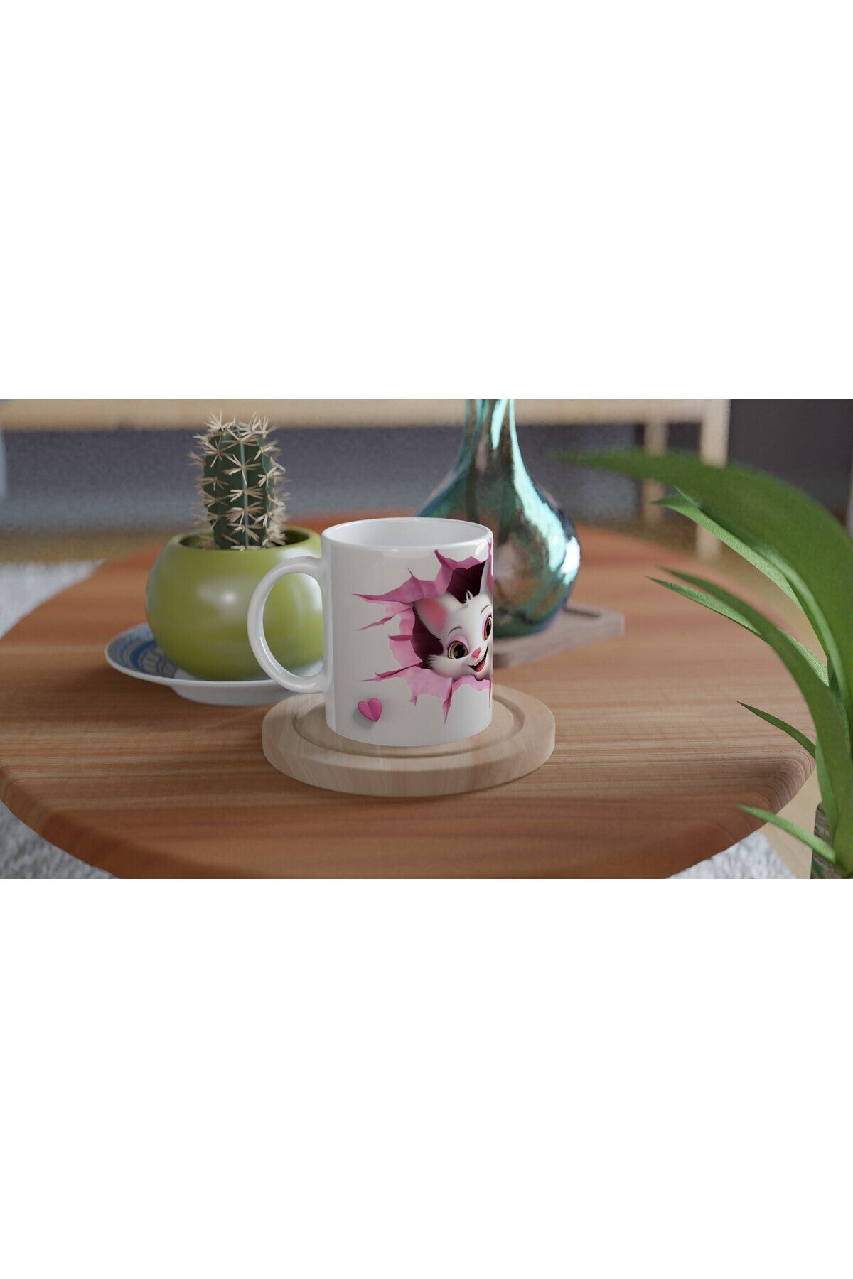 Pembe Çatlaktan Bakan Sevimli Kediler Temalı Baskılı Kupa Bardak