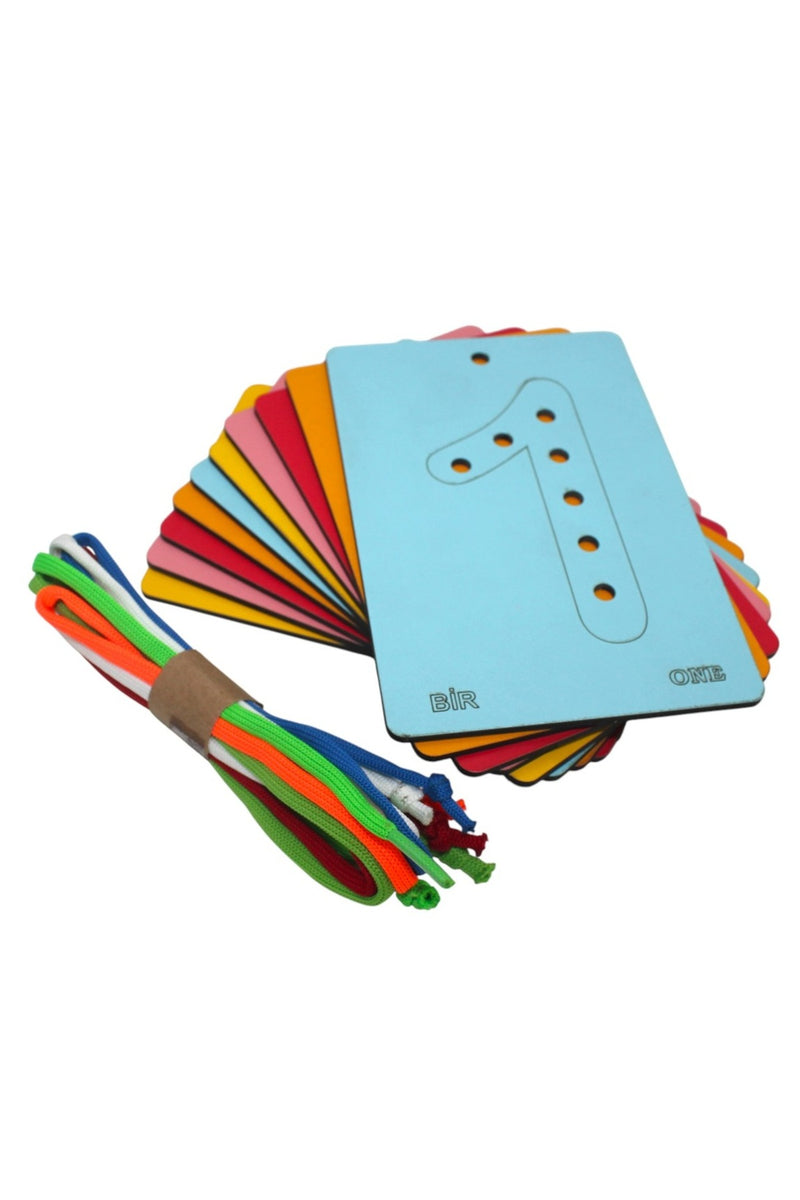Ahşap Eğitici Eğlenceli Renkli Rakamlar Ip Geçirme Oyunu, Montessori Oyuncak + MES Akademi Eğitim Seti Hediye!