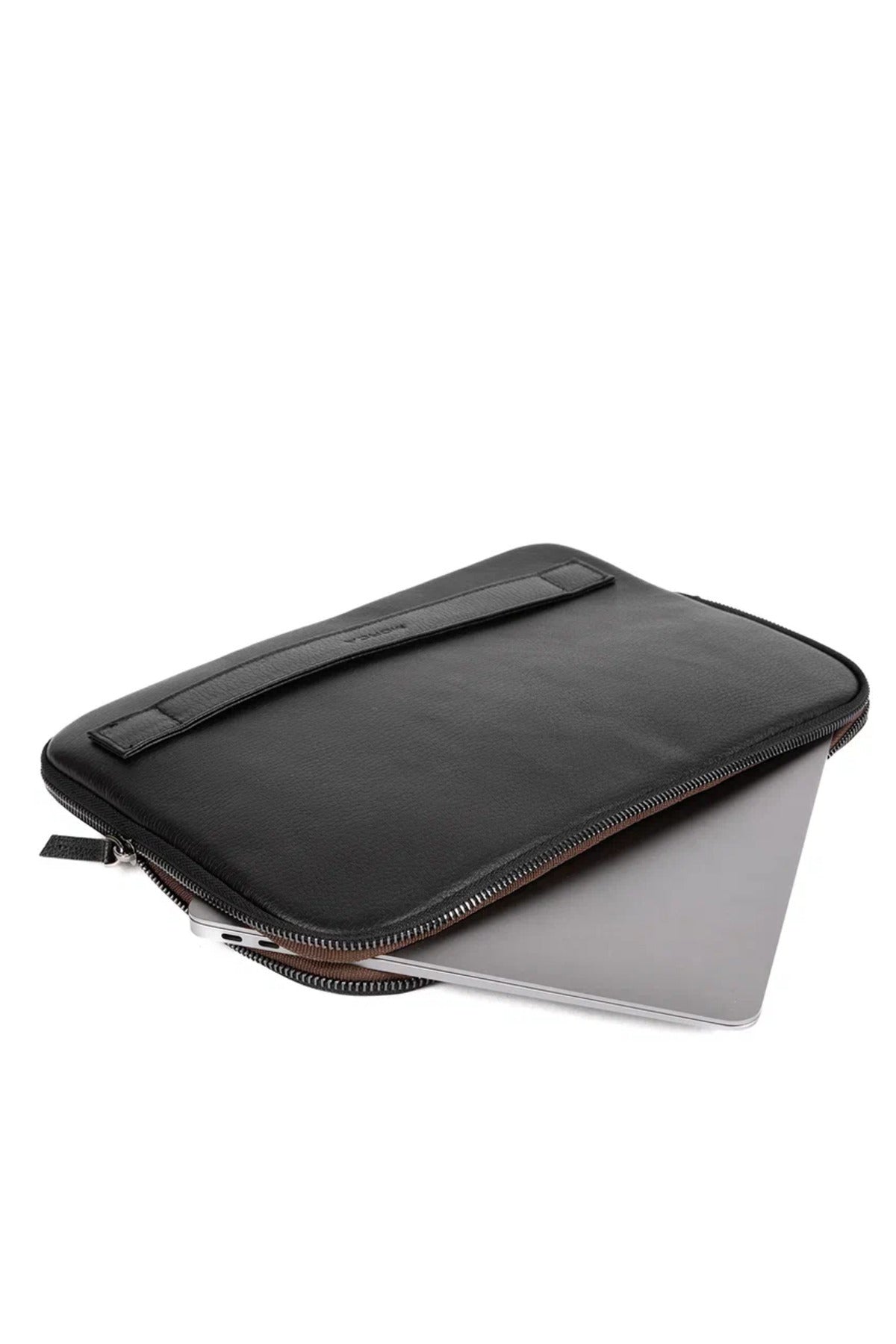 Crazy Siyah Naturel Hakiki Deri Macbook Air Pro 13 ve 13.3 İnç Laptop Kılıfı