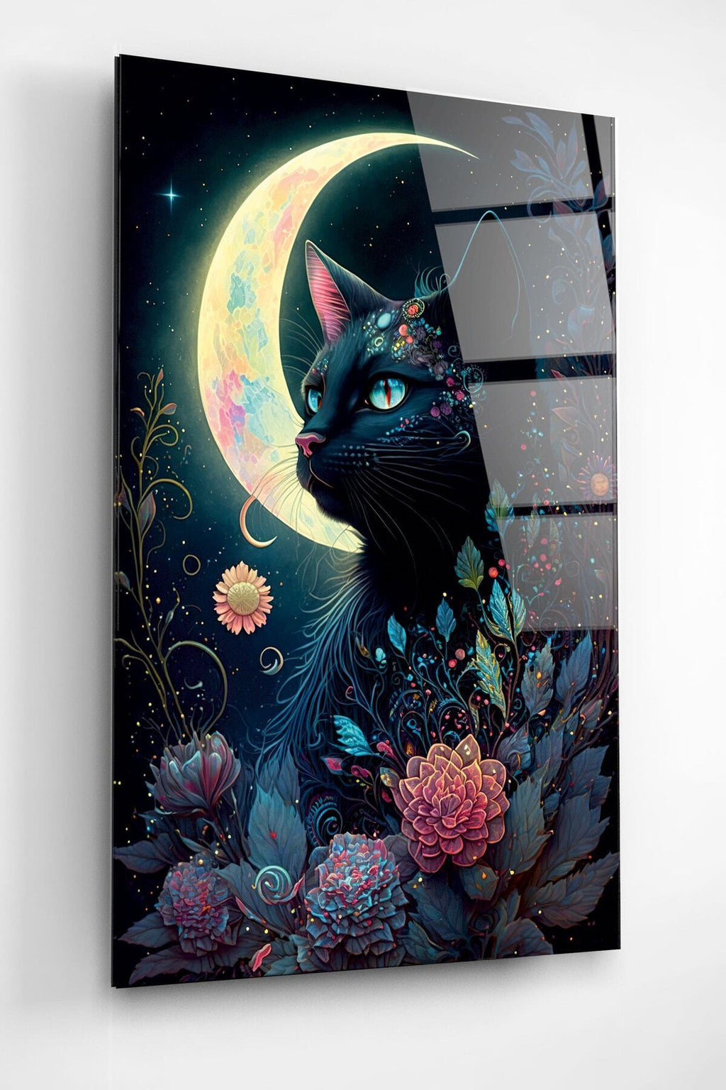 Moon And Cat Cam Tablo, Dekoratif Cam Tablo