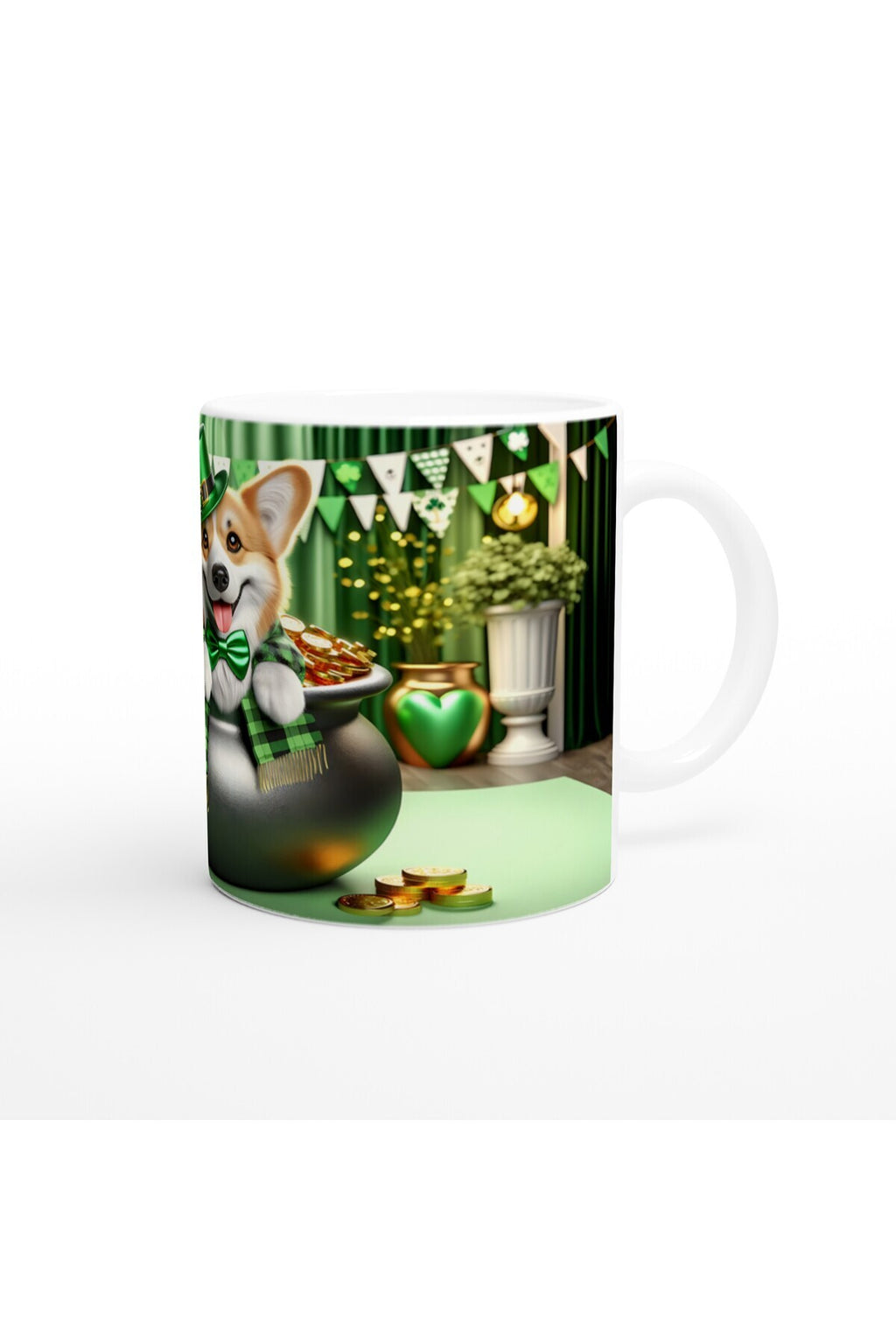 St. Patrick Şapkasıyla Gülümseyen Corgi Temalı Baskılı Kupa Bardak