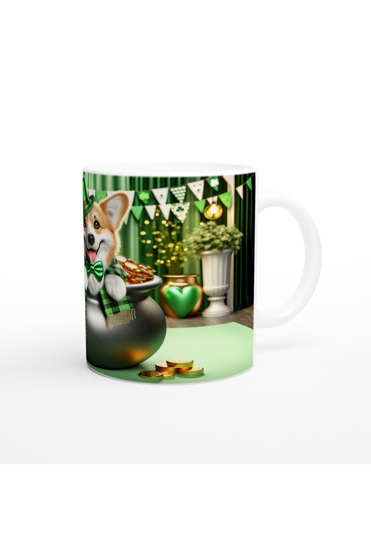 St. Patrick Şapkasıyla Gülümseyen Corgi Temalı Baskılı Kupa Bardak