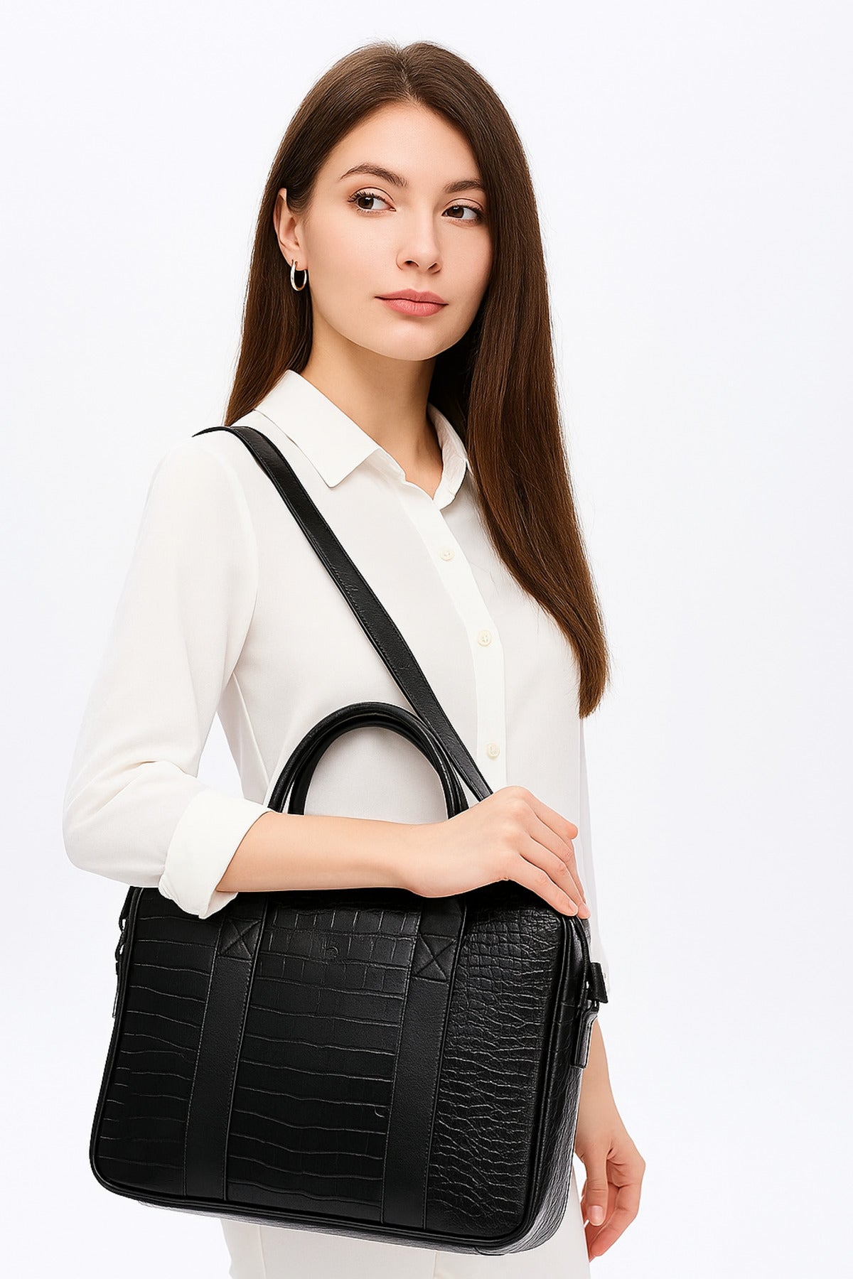 Siyah Kroko Desenli Macbook Organizer 13 ve 14 İnç Laptop Evrak Çantası