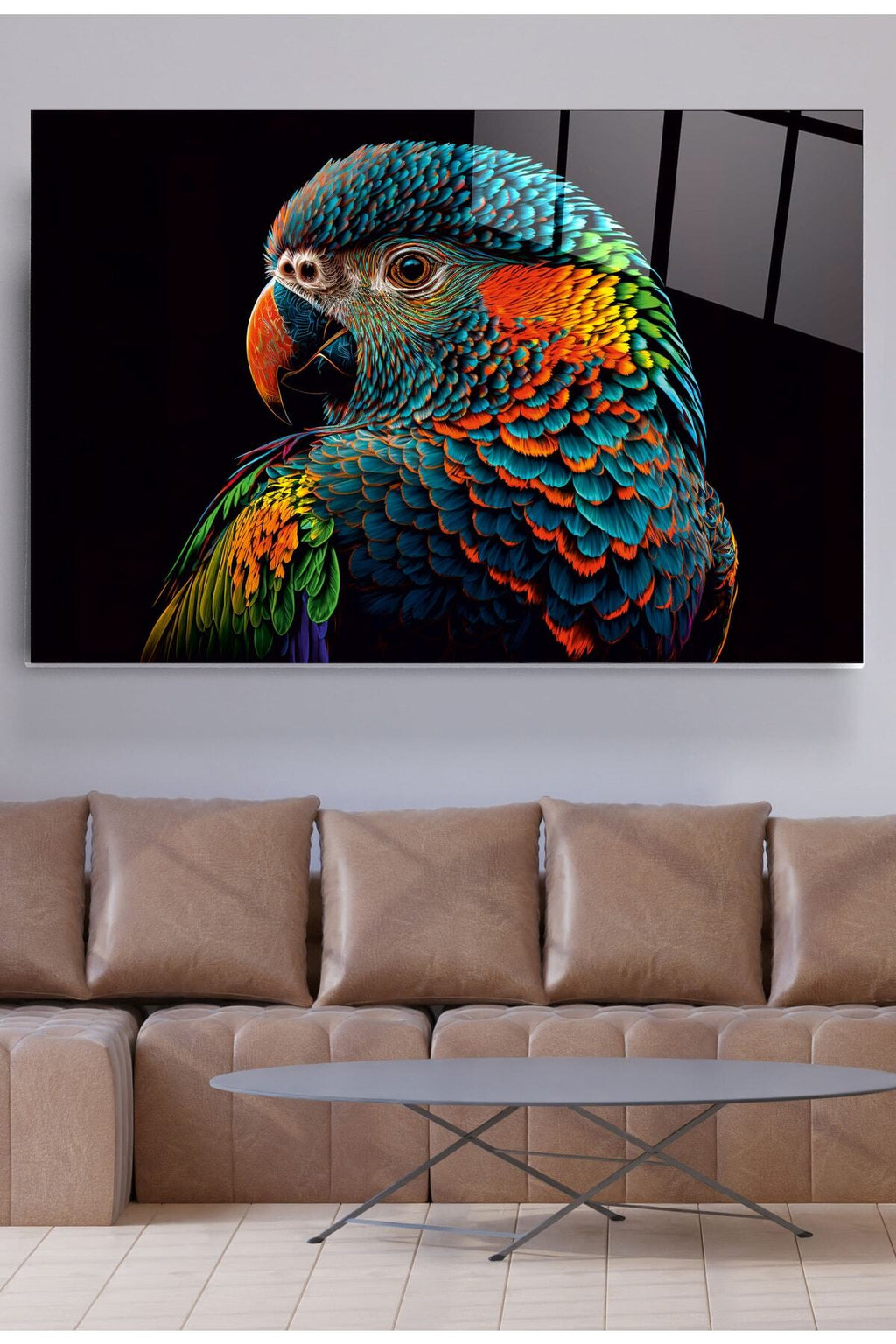 Colorful Feathered Bird Cam Tablo, Dekoratif Cam Tablo (80 x 120)