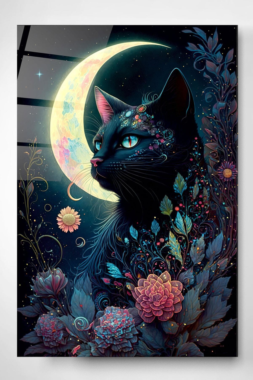 Moon And Cat Cam Tablo, Dekoratif Cam Tablo