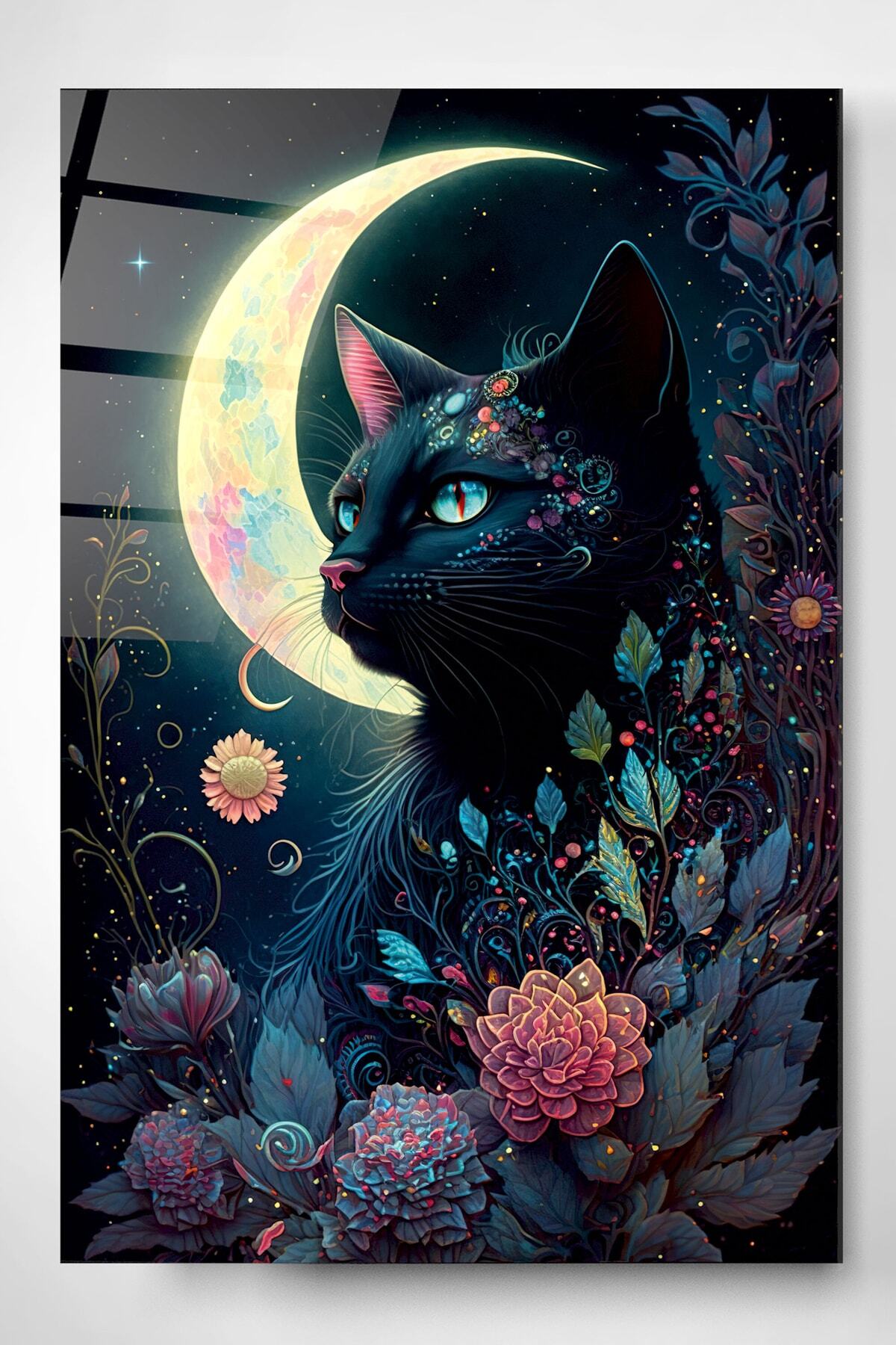 Moon And Cat Cam Tablo, Dekoratif Cam Tablo (30 x 50)