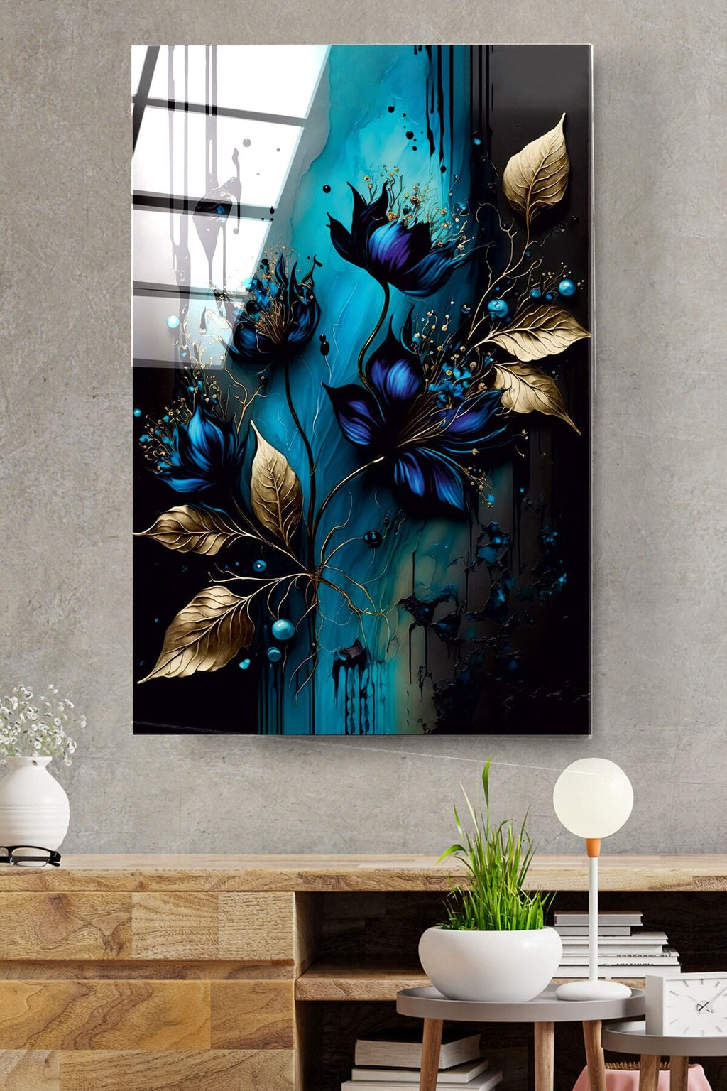 Abstract Flowers Cam Tablo, Dekoratif Cam Tablo
