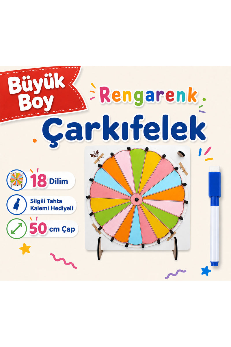 BÜYÜK BOY 18 DİLİM Renkli Çarkıfelek Oyunu Ahşap Eğitim Materyali + MES Akademi Eğitim Seti Hediye!