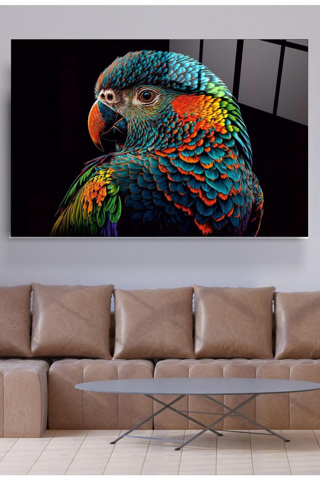 Colorful Feathered Bird Cam Tablo, Dekoratif Cam Tablo (60 x 90)