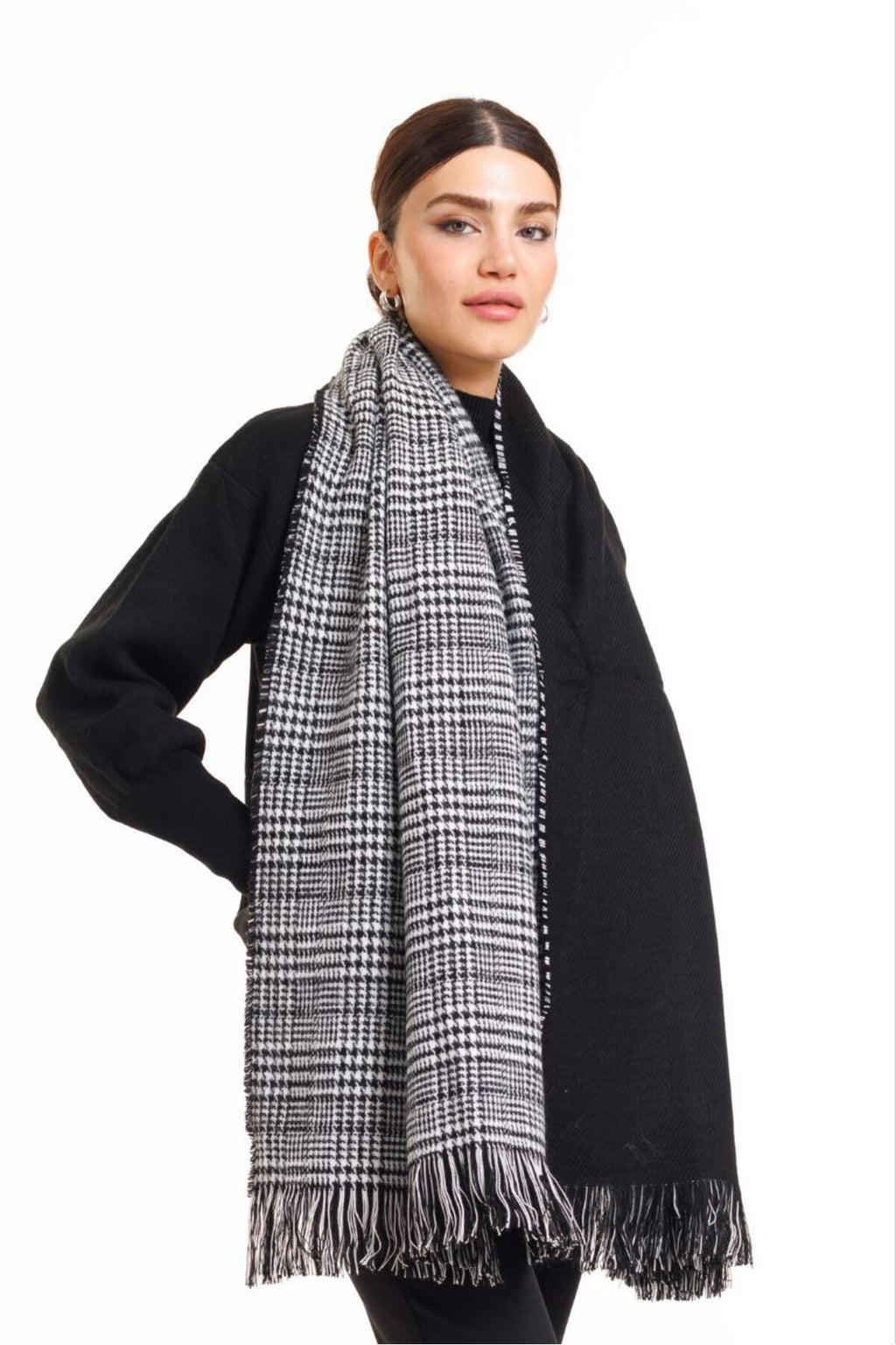 4 Mevsimlik Çift Taraflı Ekoseli Yünlü Omuz Şalı - 70x190cm - Kışlık Şal (Tek Ebat)