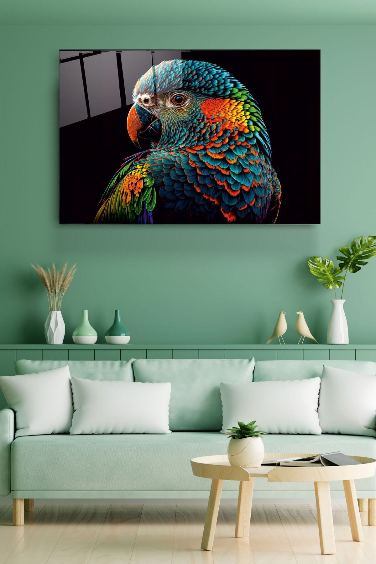 Colorful Feathered Bird Cam Tablo, Dekoratif Cam Tablo (50 x 70)