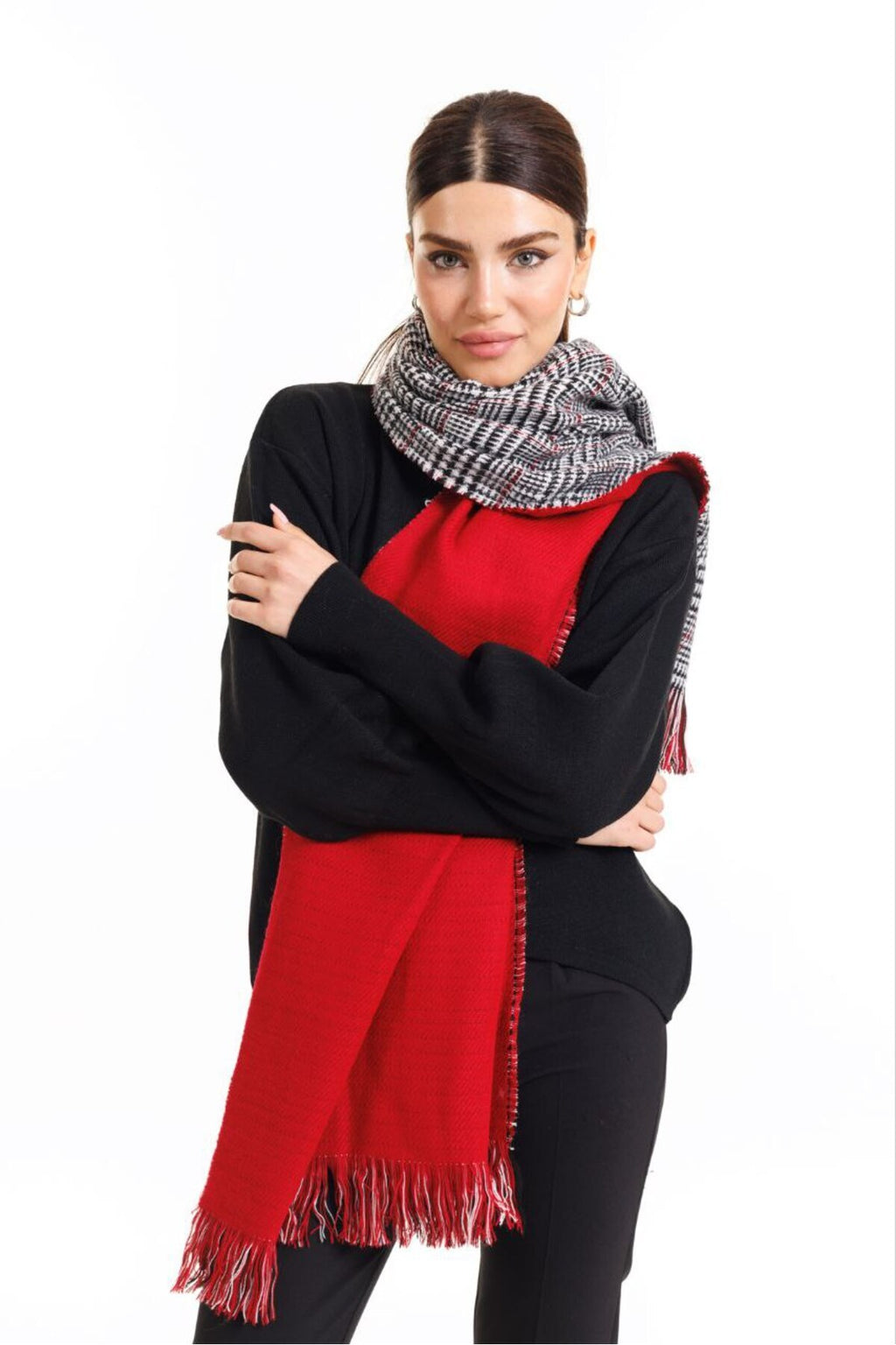 Çift Taraflı Ekoseli Yünlü Omuz Şalı - 70x190cm - Kışlık Şal (Tek Ebat)