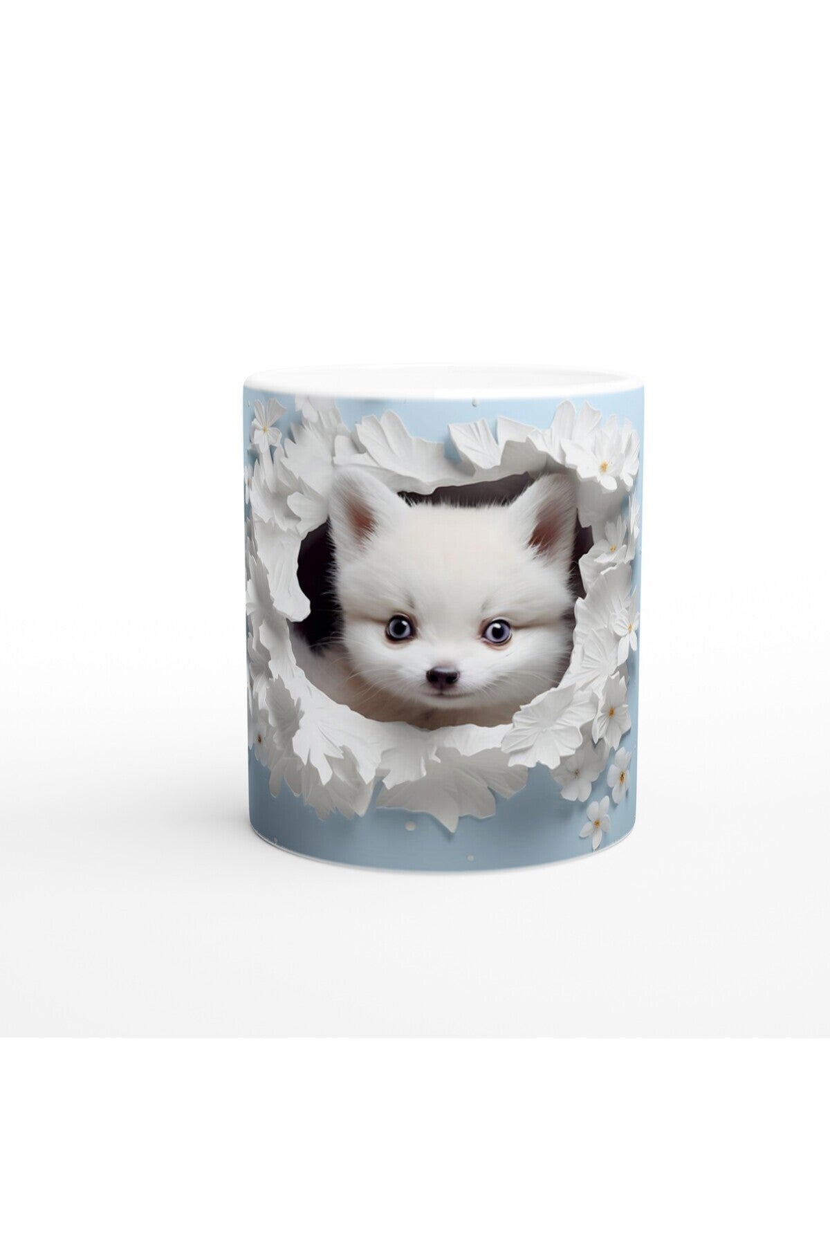 Çiçeklerle Çevrili Masum Pomeranian Temalı Baskılı Kupa Bardak