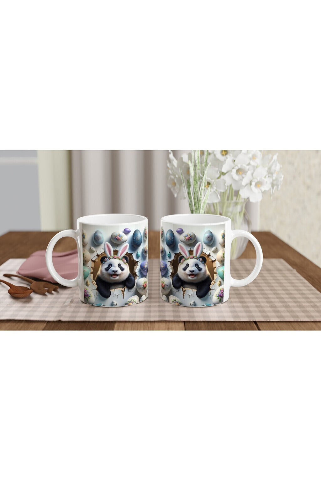 Tavşan Kulaklı Çiçek Taçlı Panda Temalı Baskılı Kupa Bardak