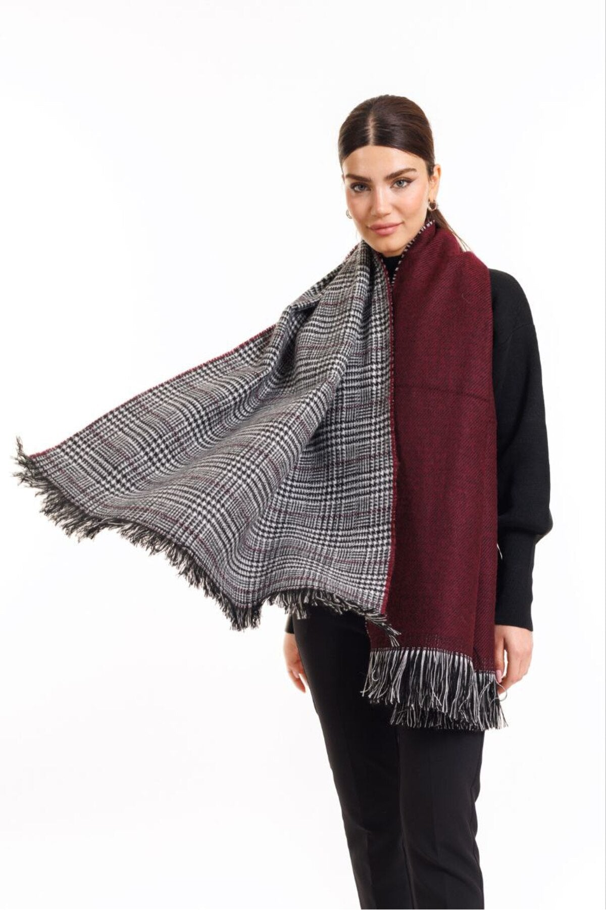 Çift Taraflı Ekoseli Yünlü Omuz Şalı - 70x190cm - Kışlık Şal (Tek Ebat)