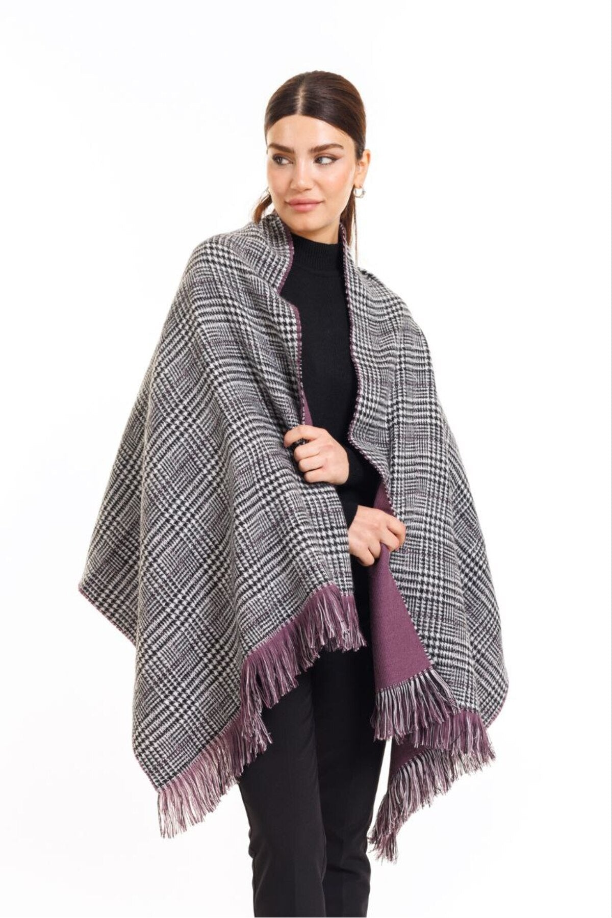 Çift Taraflı Ekoseli Yünlü Omuz Şalı - 70x190cm - Kışlık Şal (Tek Ebat)