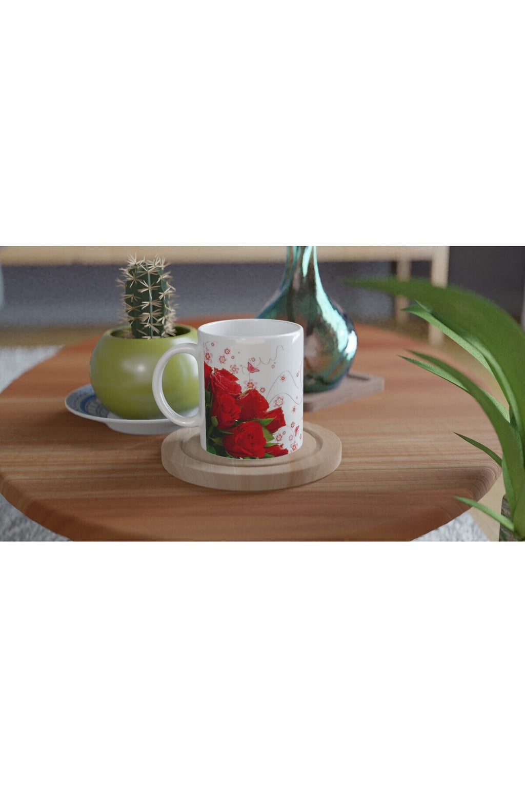 Romantik Kırmızı Gül Desenli Kupa Bardak