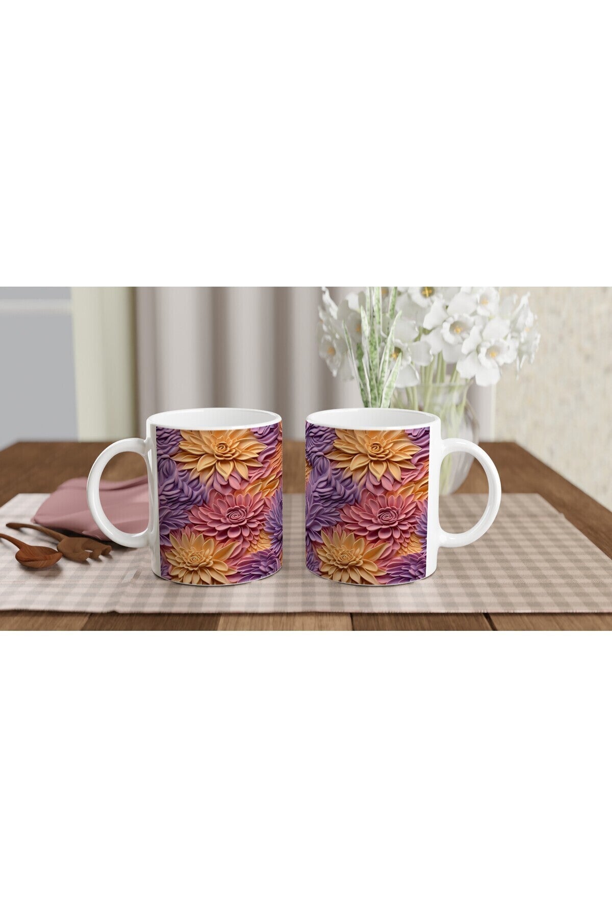 Pastel Bahar Dokulu Çiçek Desenli Kupa Bardak