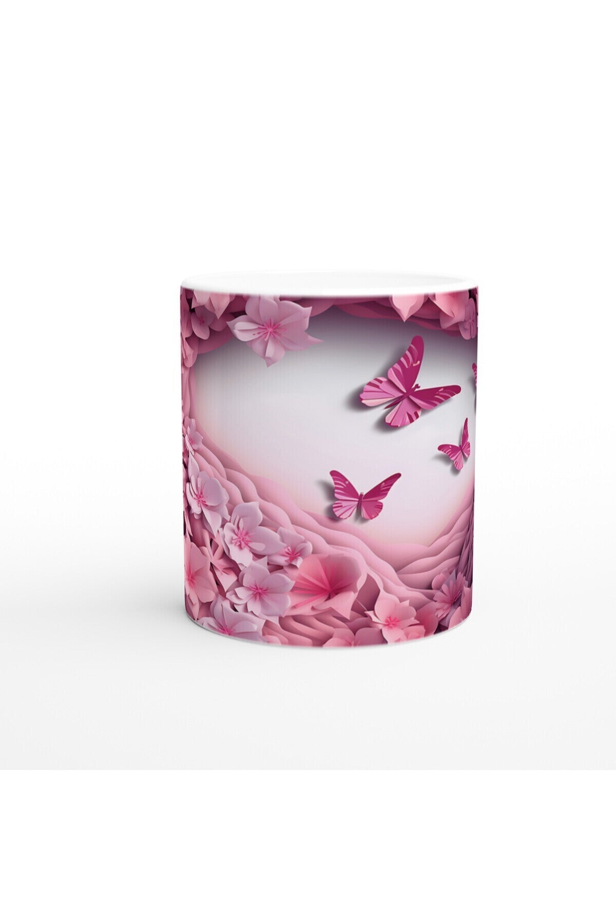 Pembe Çiçekler ve Kelebeklerle Bezeli Romantik Baskılı Kupa Bardak