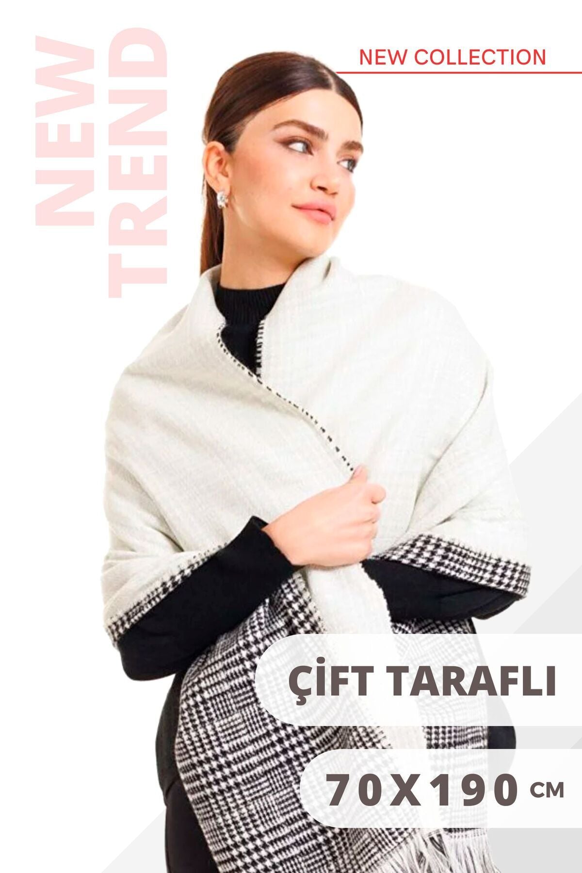 Çift Taraflı Beyaz Renk Ekoseli Yünlü Omuz Şalı 70x190cm Bağlanabilir Kışlık Kareli Kadın Atkı Şal