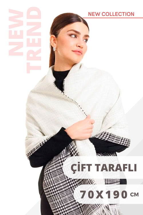 Çift Taraflı Beyaz Renk Ekoseli Yünlü Omuz Şalı 70x190cm Bağlanabilir Kışlık Kareli Kadın Atkı Şal